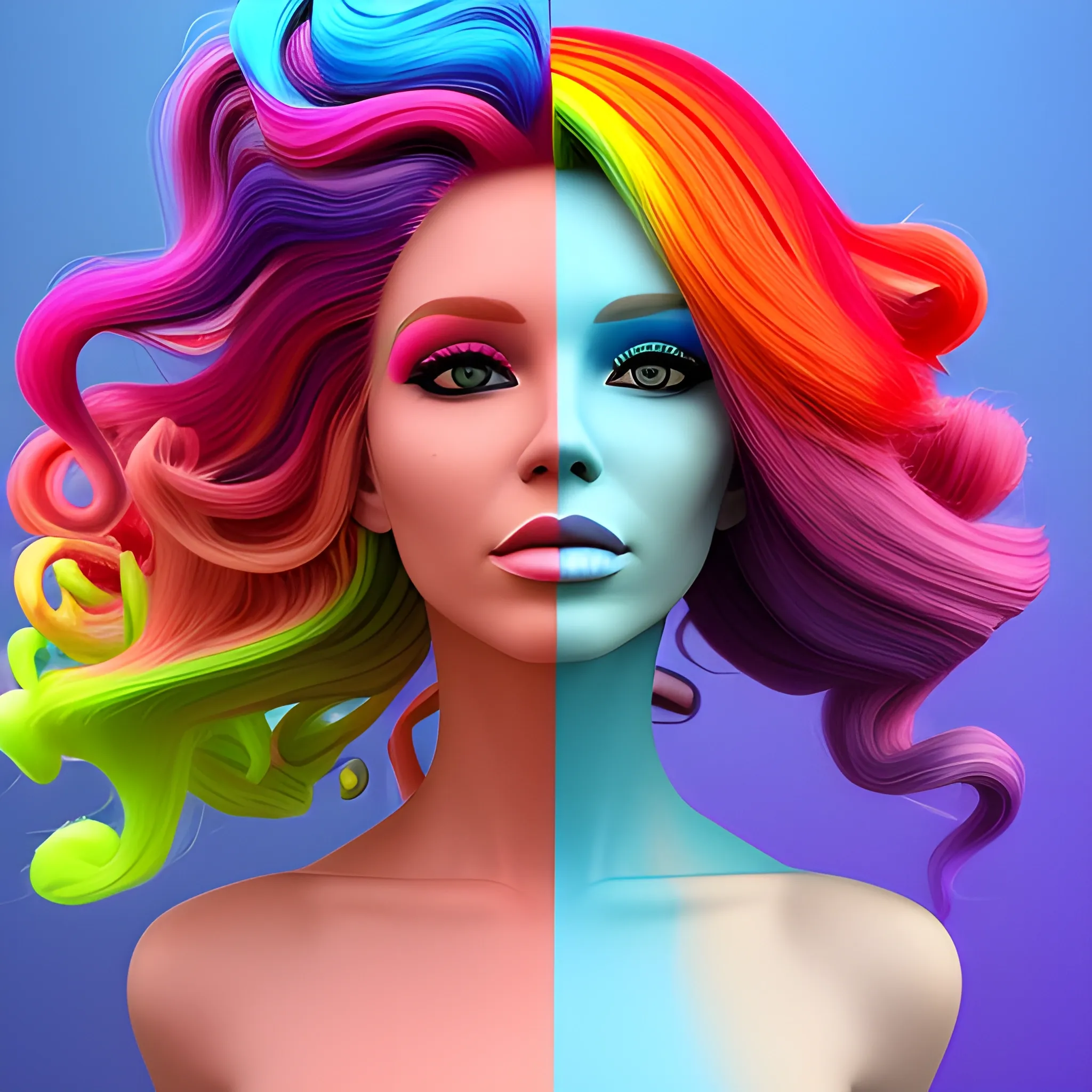 the woman is wearing multicolored hair, vibrant color scheme, , 3D