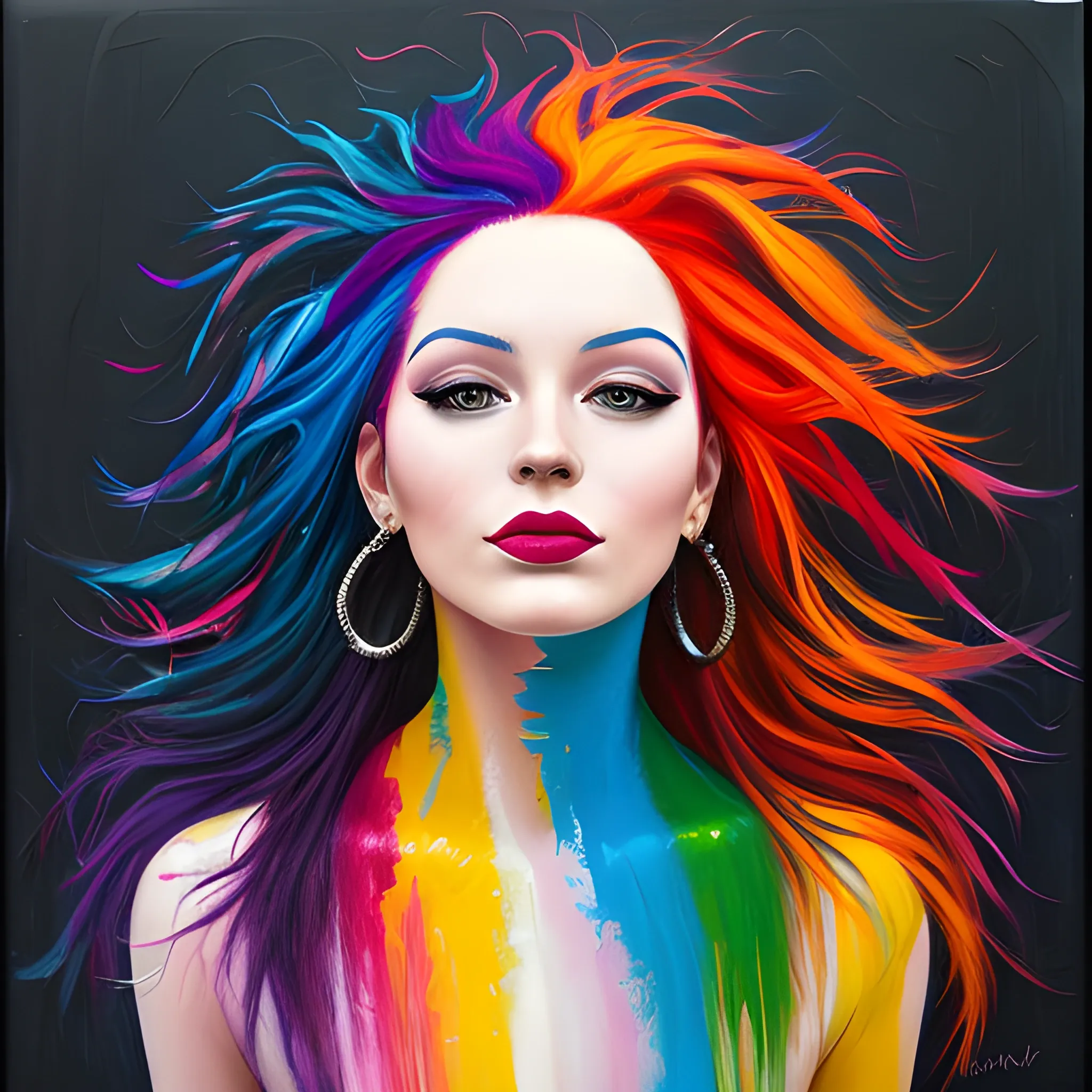 the woman is wearing multicolored hair, vibrant color scheme, Oil Painting