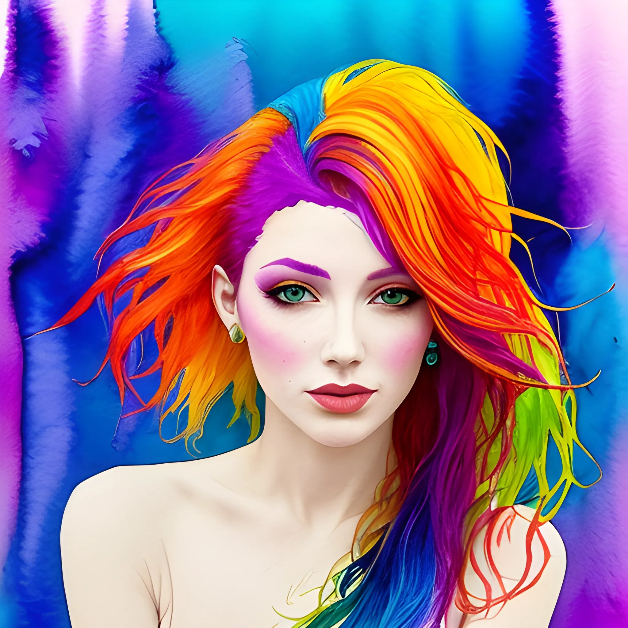 the woman is wearing multicolored hair, vibrant color scheme, Water Color