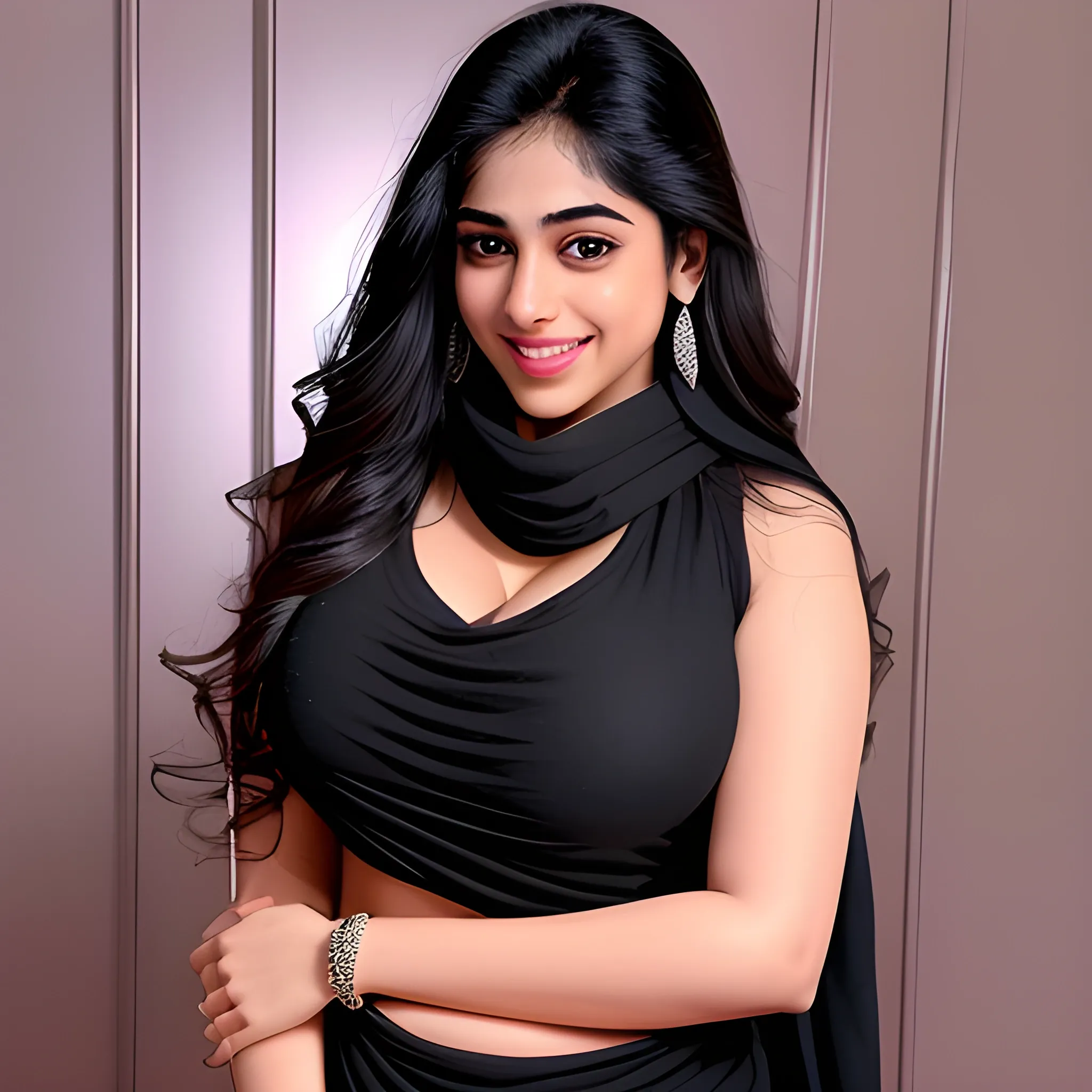 Thick Janvi Kapoor 
bigger thigh
 white muscular body
Enormous breasts 
wearing a black shirt with a scarf over it, body extensions,i can't believe 
beautiful this is
Wearing diamond jewellery flirty open eyes with cutest smile 
At night 
