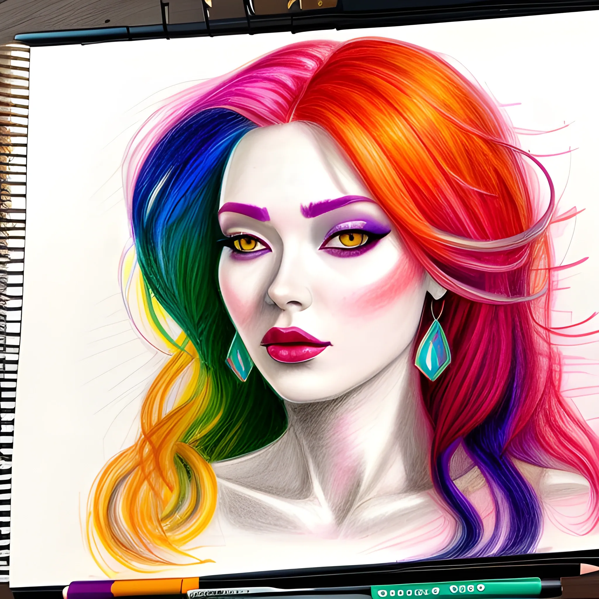 the woman is wearing multicolored hair, vibrant color scheme, Pencil Sketch