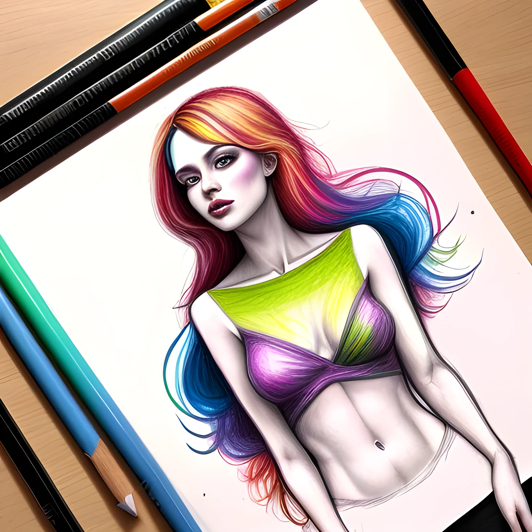 the woman is wearing multicolored hair, vibrant color scheme, Pencil Sketch, fully body