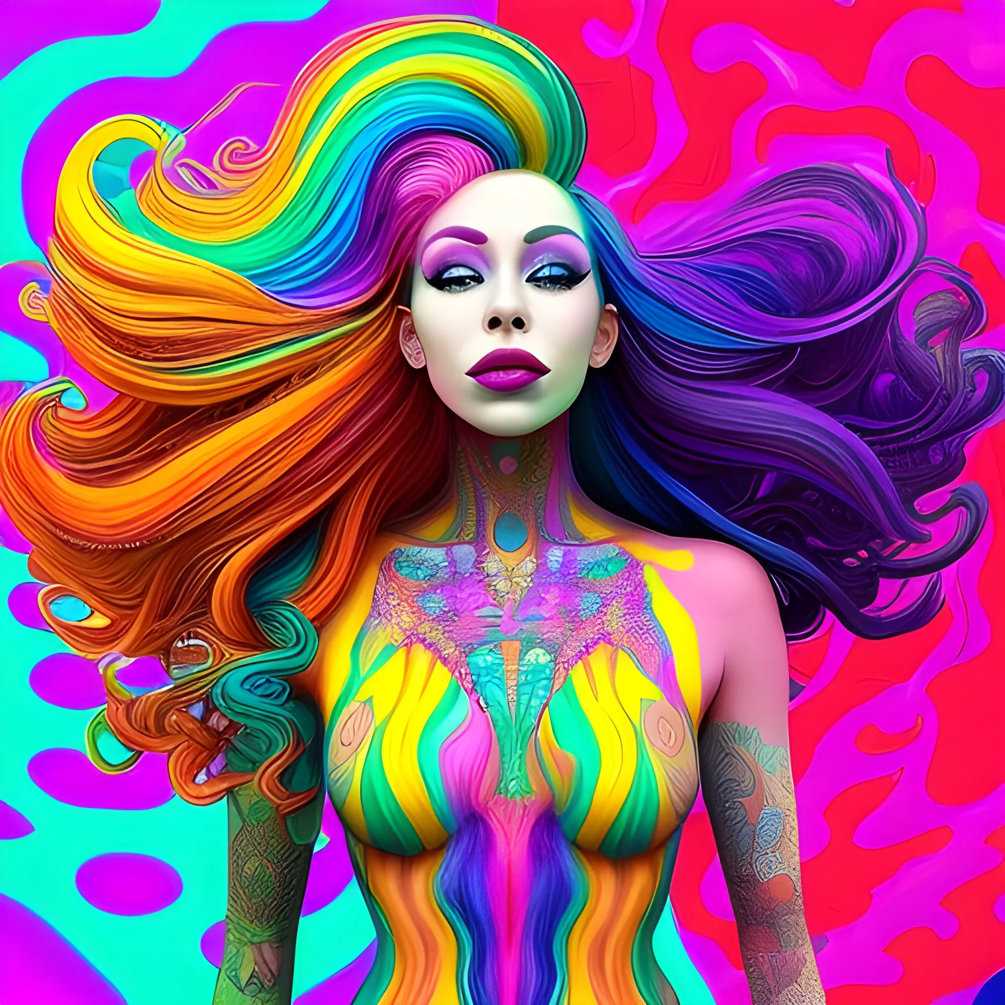 the woman is wearing multicolored hair, vibrant color scheme, fully body, Trippy