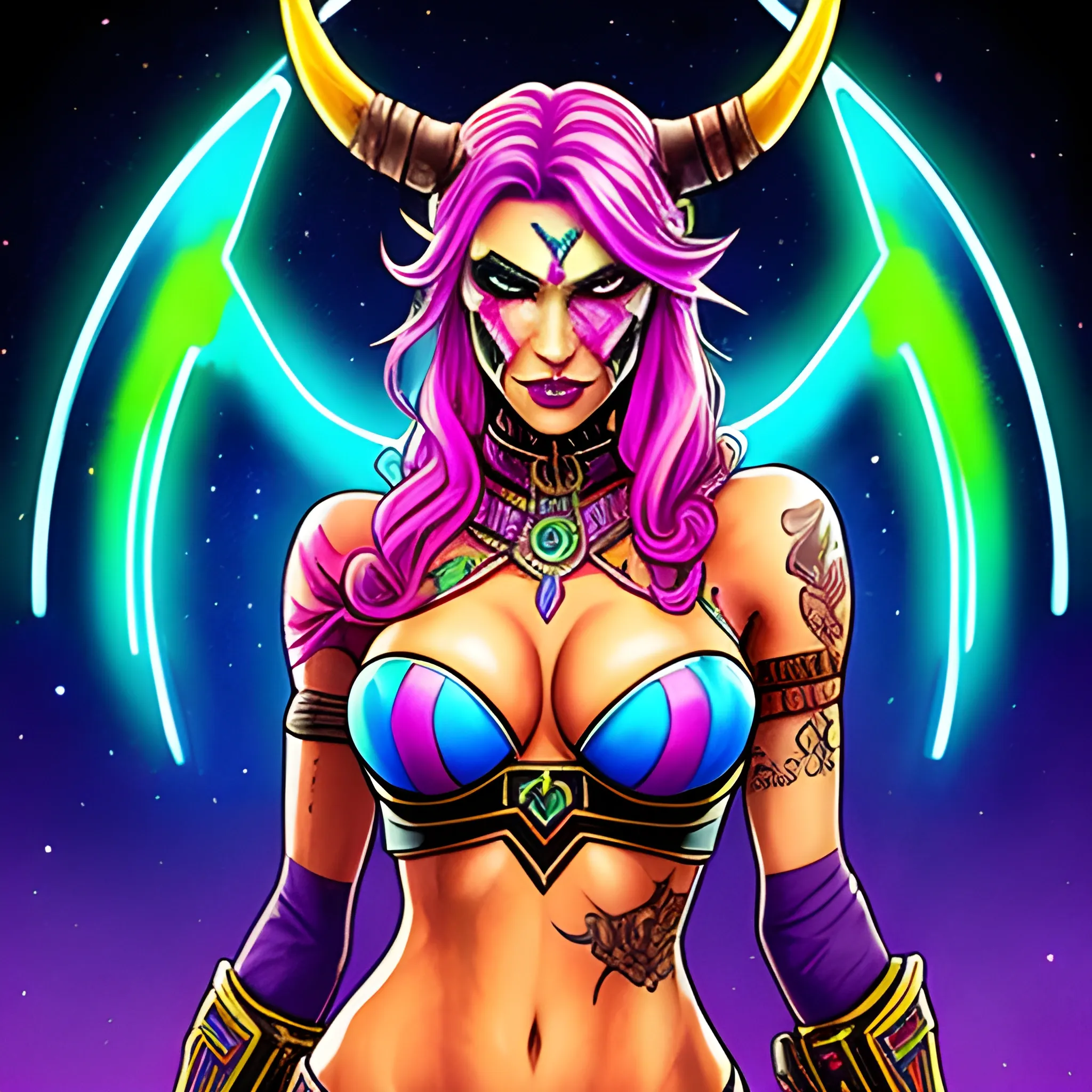 tantalizing late night bright neon colorful whimsical tantalizing Borderlands Viking Cowgirl Bounty Hunter female exotica , Water Color