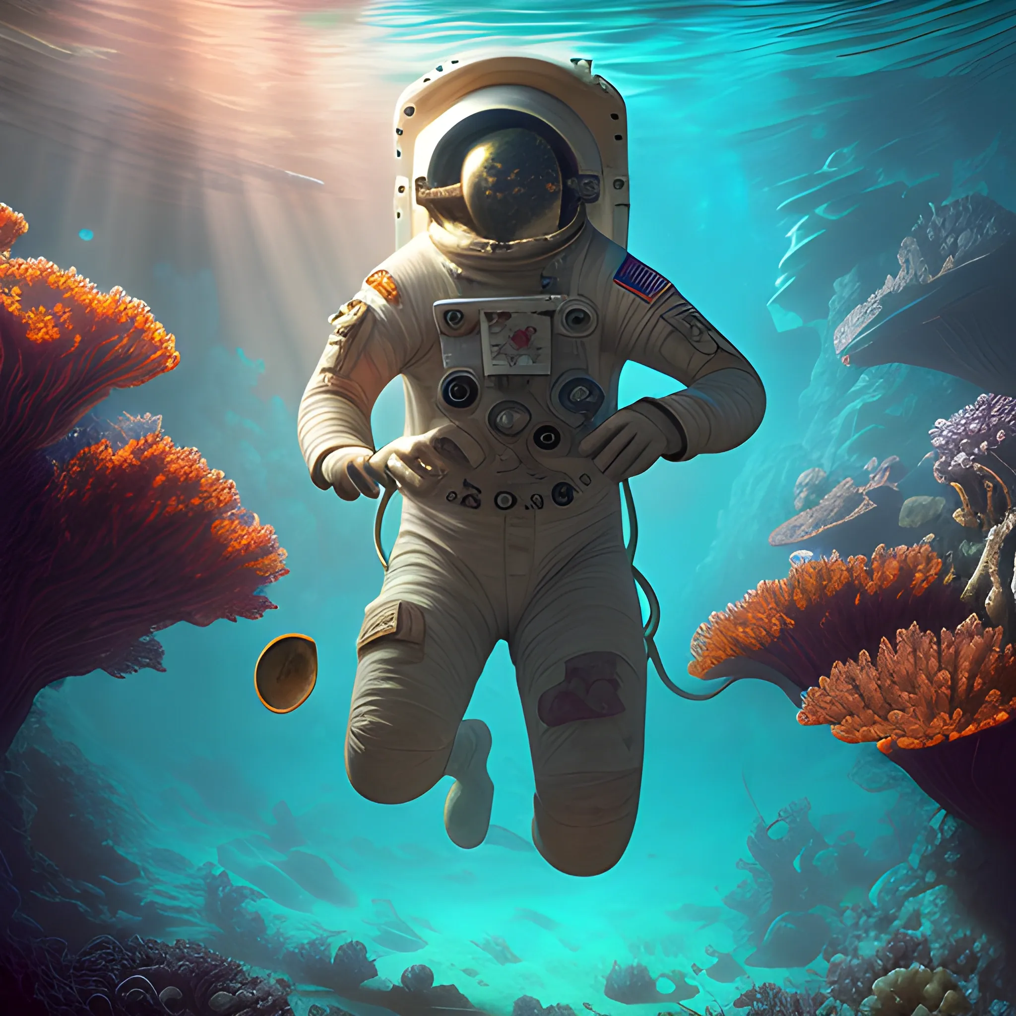 In the style of a vintage travel poster, a medium shot of an adventurous (((archaeologist:astronaut:artist))) exploring an otherworldly underwater cave, surrounded by vibrant coral reefs and illuminated by rays of sunlight piercing through the water. The camera angle is low, capturing the mesmerizing colors and intricate details of the submerged world. The image features a perfect face and perfect hands, creating a sense of wonder and curiosity. Add a cinematic touch with soft natural volumetric light and refractions, highlighting the beauty of this undiscovered realm. The scene is saturated with warm hues, creating a captivating and dreamlike atmosphere. This masterpiece is trending on ArtStation, showcasing ultra detailed and high-resolution artwork., Oil Painting, Oil Painting, Trippy, Oil Painting