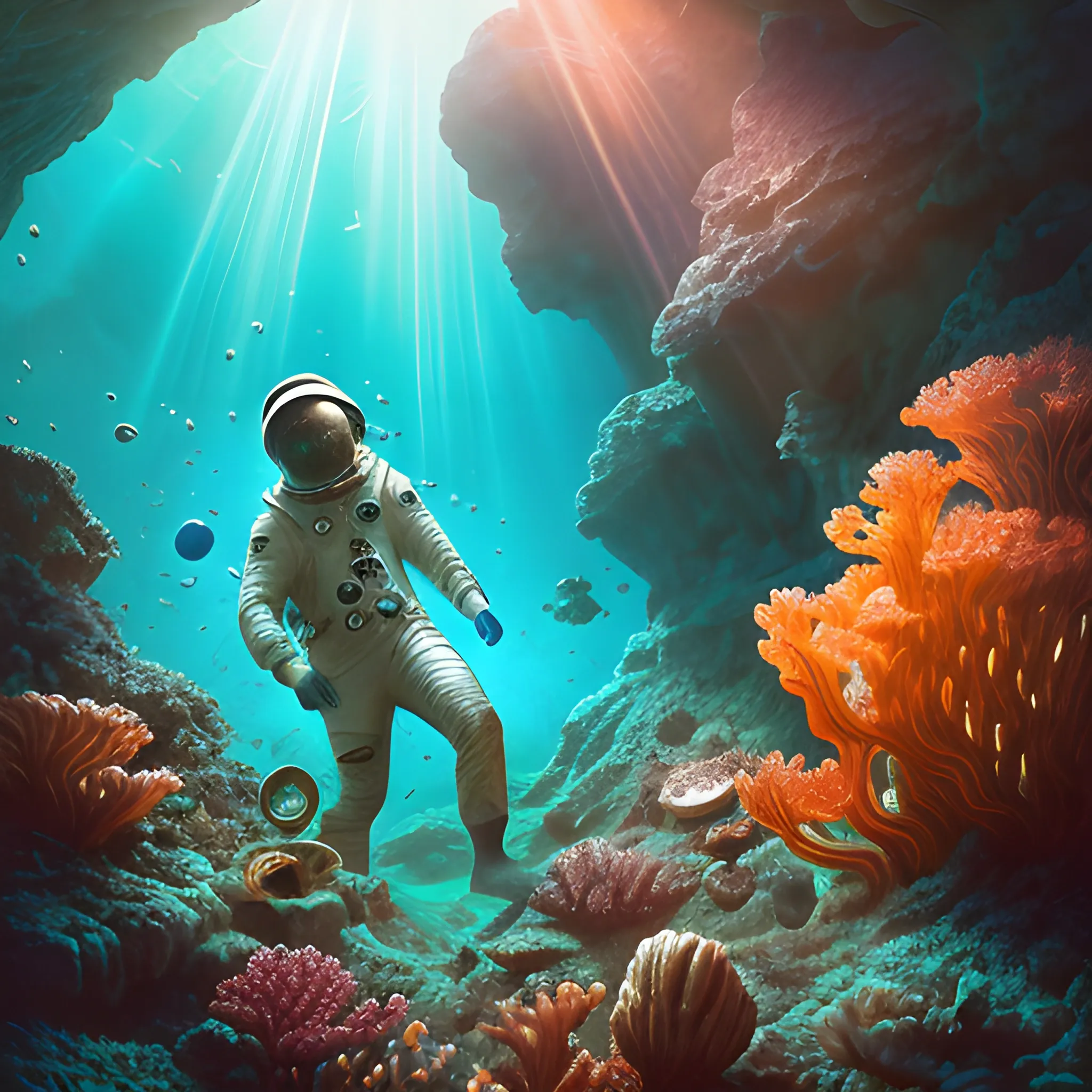 In the style of a vintage travel poster, a medium shot of an adventurous (((archaeologist:astronaut:artist))) exploring an otherworldly underwater cave, surrounded by vibrant coral reefs and illuminated by rays of sunlight piercing through the water. The camera angle is low, capturing the mesmerizing colors and intricate details of the submerged world. The image features a perfect face and perfect hands, creating a sense of wonder and curiosity. Add a cinematic touch with soft natural volumetric light and refractions, highlighting the beauty of this undiscovered realm. The scene is saturated with warm hues, creating a captivating and dreamlike atmosphere. This masterpiece is trending on ArtStation, showcasing ultra detailed and high-resolution artwork., Oil Painting, Oil Painting, Trippy, Oil Painting, 3D
