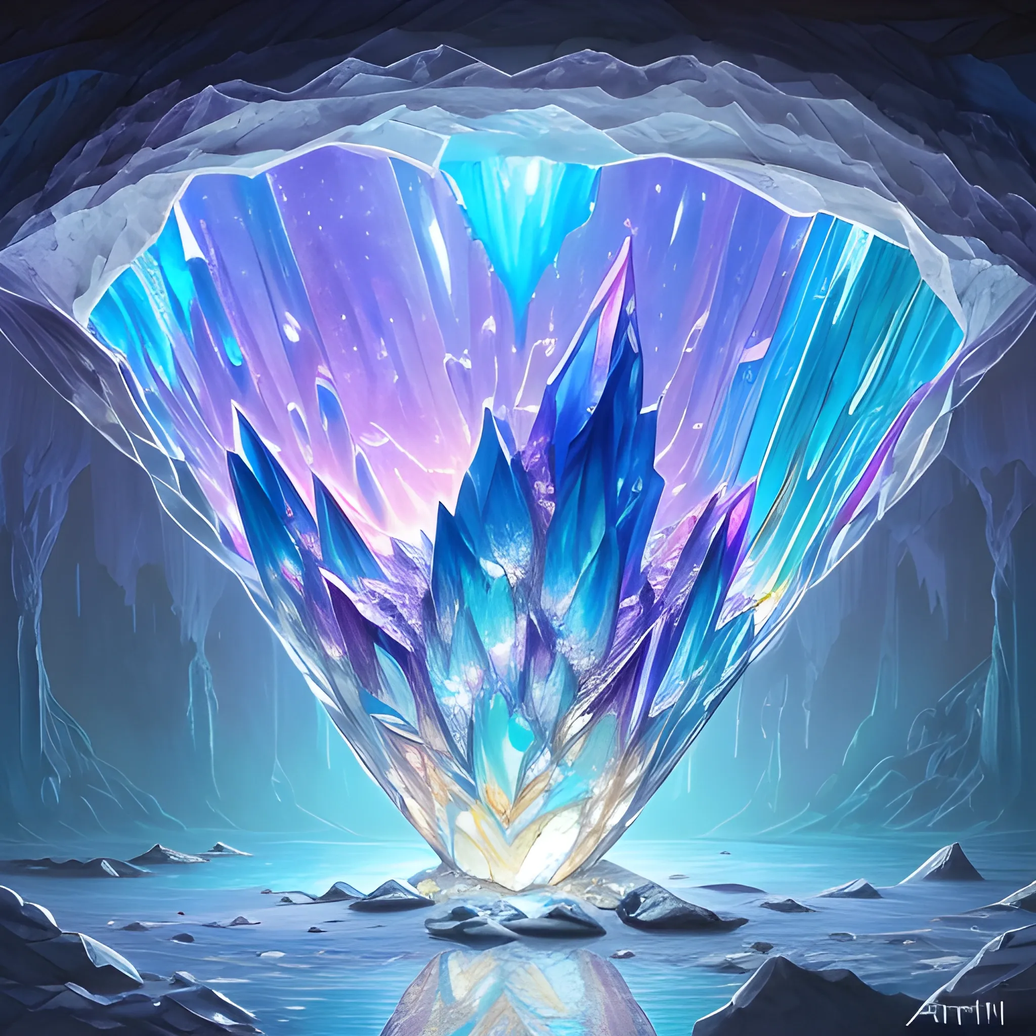 a ultradetailed beautiful concept art of the crystal formation of the prismatic crystal of hope is filled with the wonderful colors of the emotion around it in a forgotten cave lighten by the moon light and reflecting on the surface of a quiet lake, concept art, high resolution 4 k, by artgeem , Oil Painting, Oil Painting, Oil Painting, Trippy