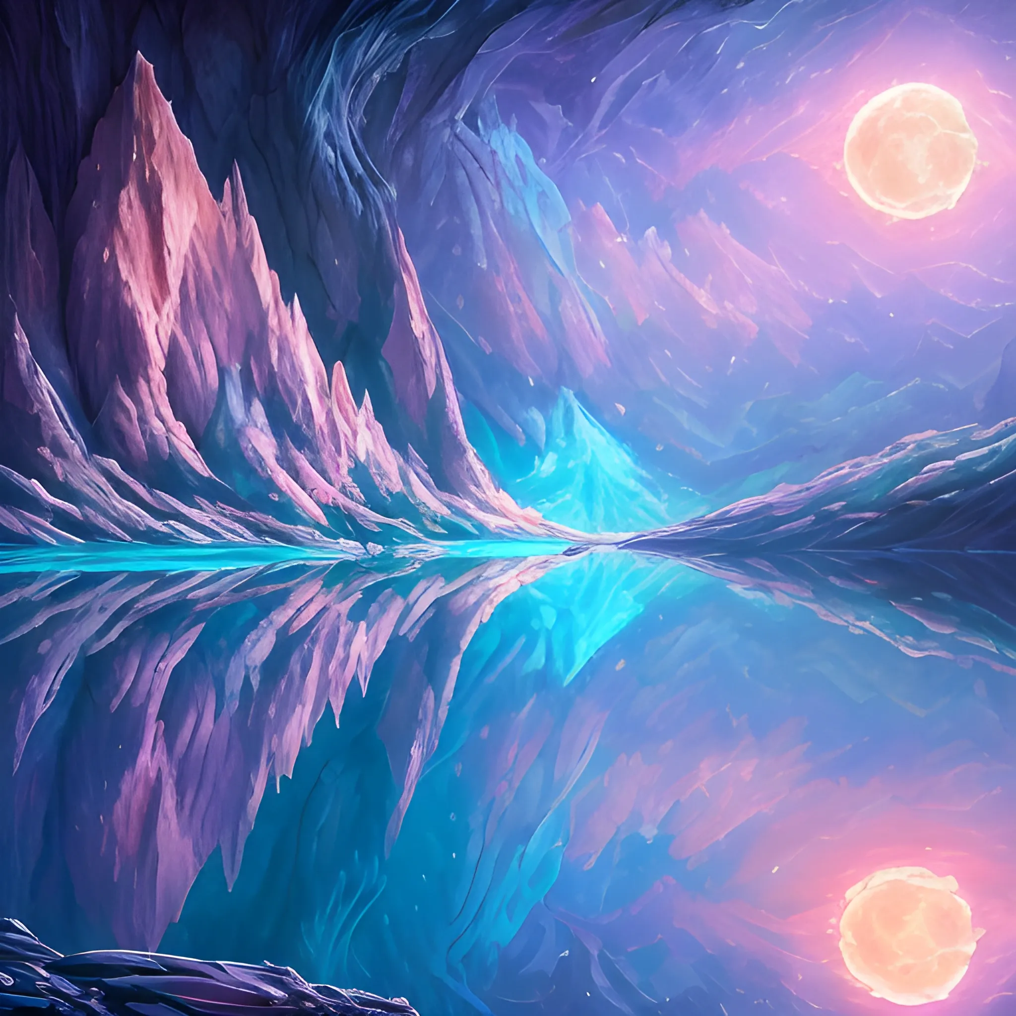 a ultradetailed beautiful concept art of the crystal formation of the prismatic crystal of hope is filled with the wonderful colors of the emotion around it in a forgotten cave lighten by the moon light and reflecting on the surface of a quiet lake, concept art, high resolution 4 k, by artgeem , Oil Painting, Oil Painting, Oil Painting, Trippy, 3D