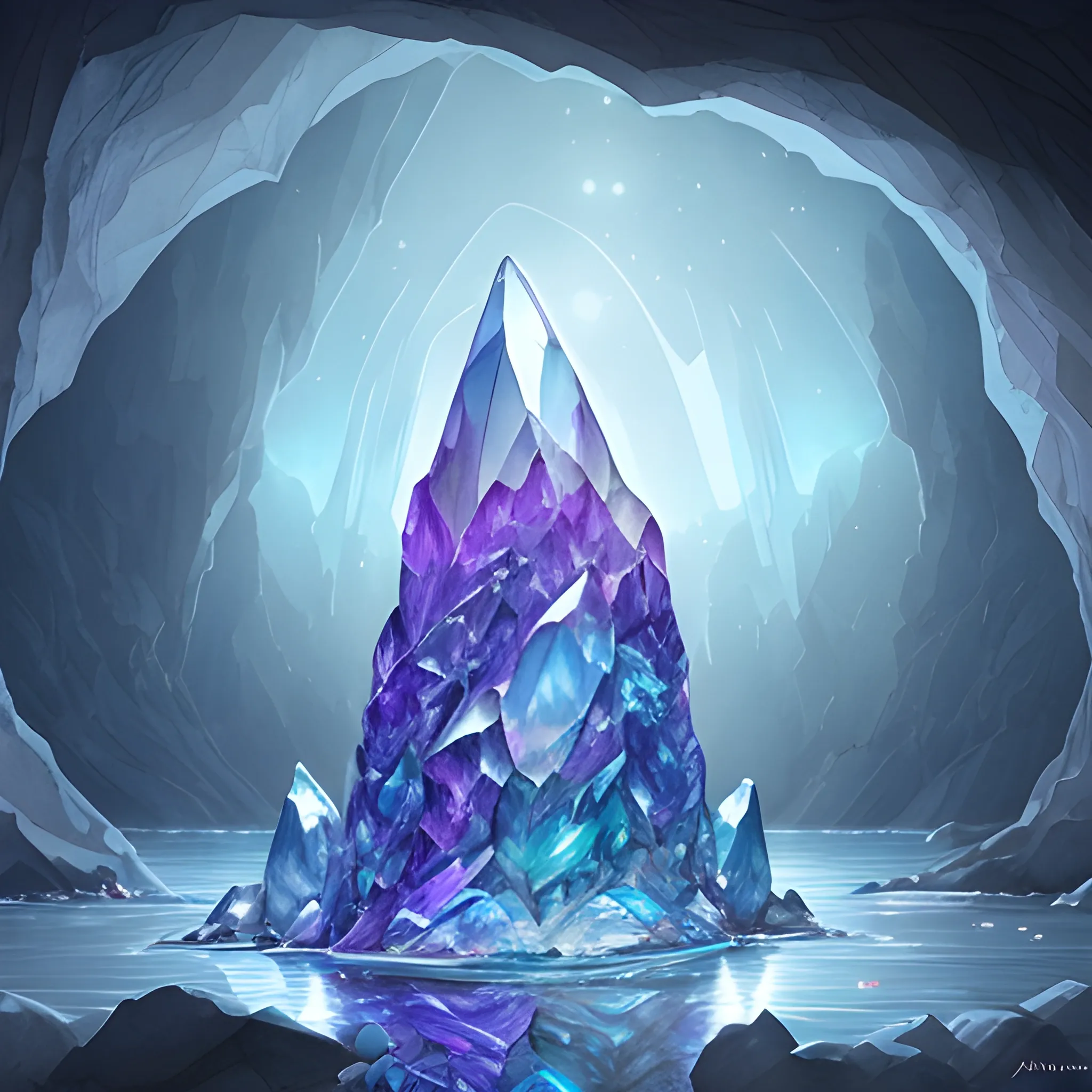 a ultradetailed beautiful concept art of the crystal formation of the prismatic crystal of hope is filled with the wonderful colors of the emotion around it in a forgotten cave lighten by the moon light and reflecting on the surface of a quiet lake, concept art, high resolution 4 k, by artgeem , Pencil Sketch, Water Color