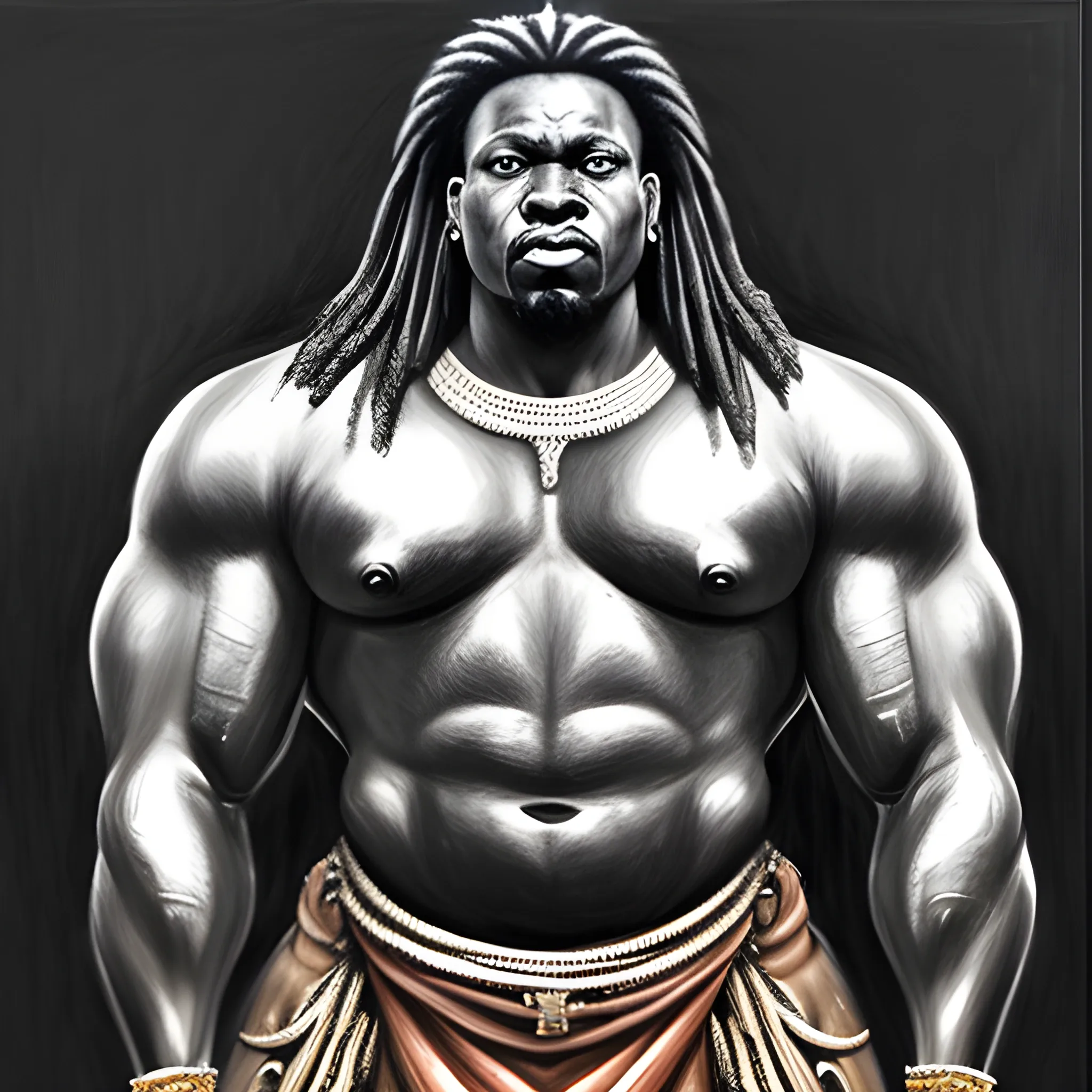 big muscular african warrior king, Pencil Sketch, Oil Painting