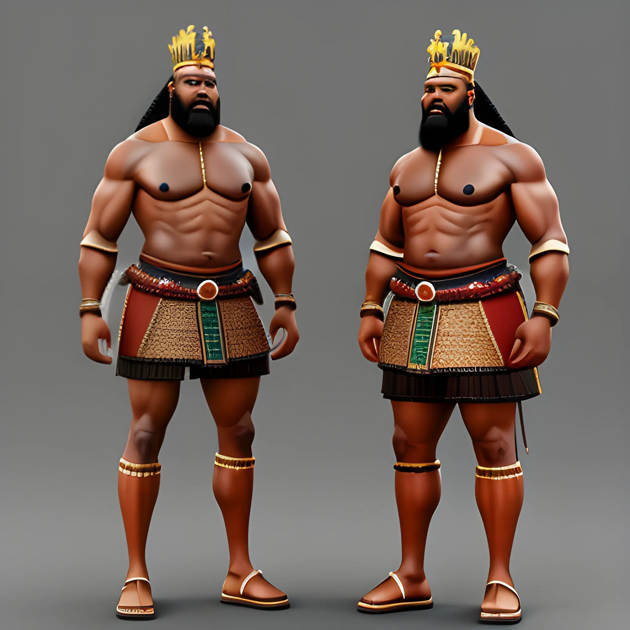 big muscular african warrior king bald head with beard and earrings, full body 3D