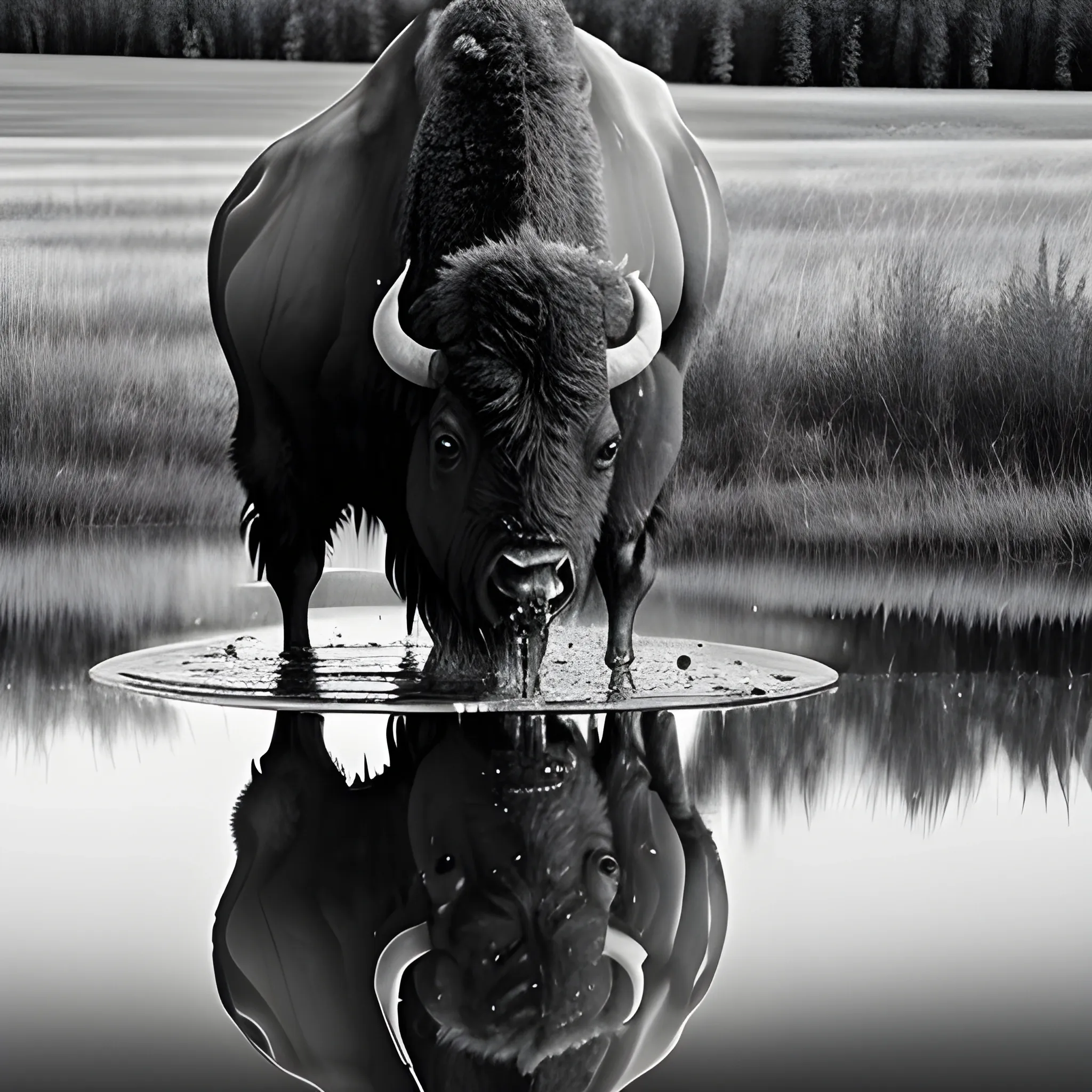 bison drinking water with reflection, a beautiful picture in black and white with colored water drops