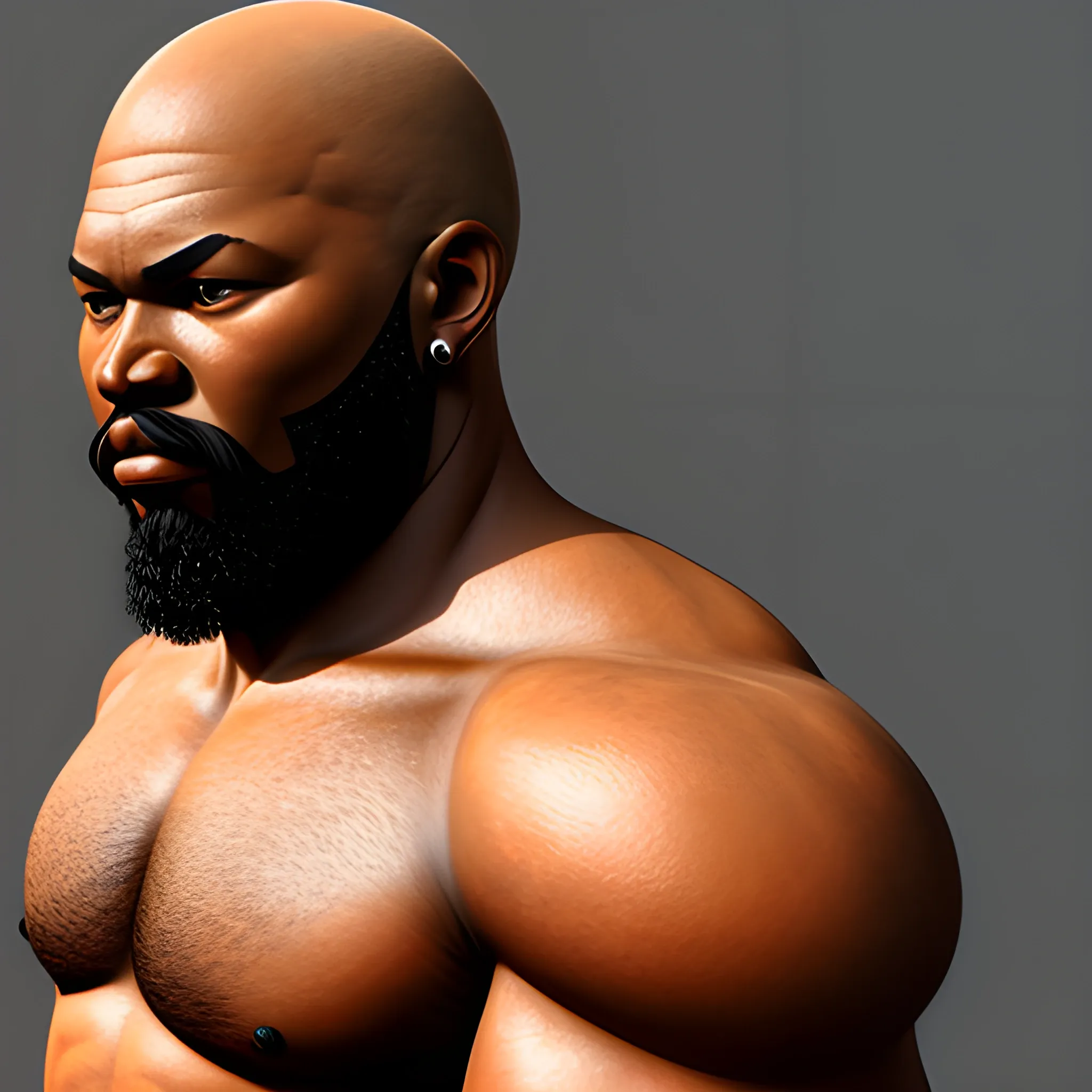 big muscular african warrior king bald head with beard and earrings, 3D