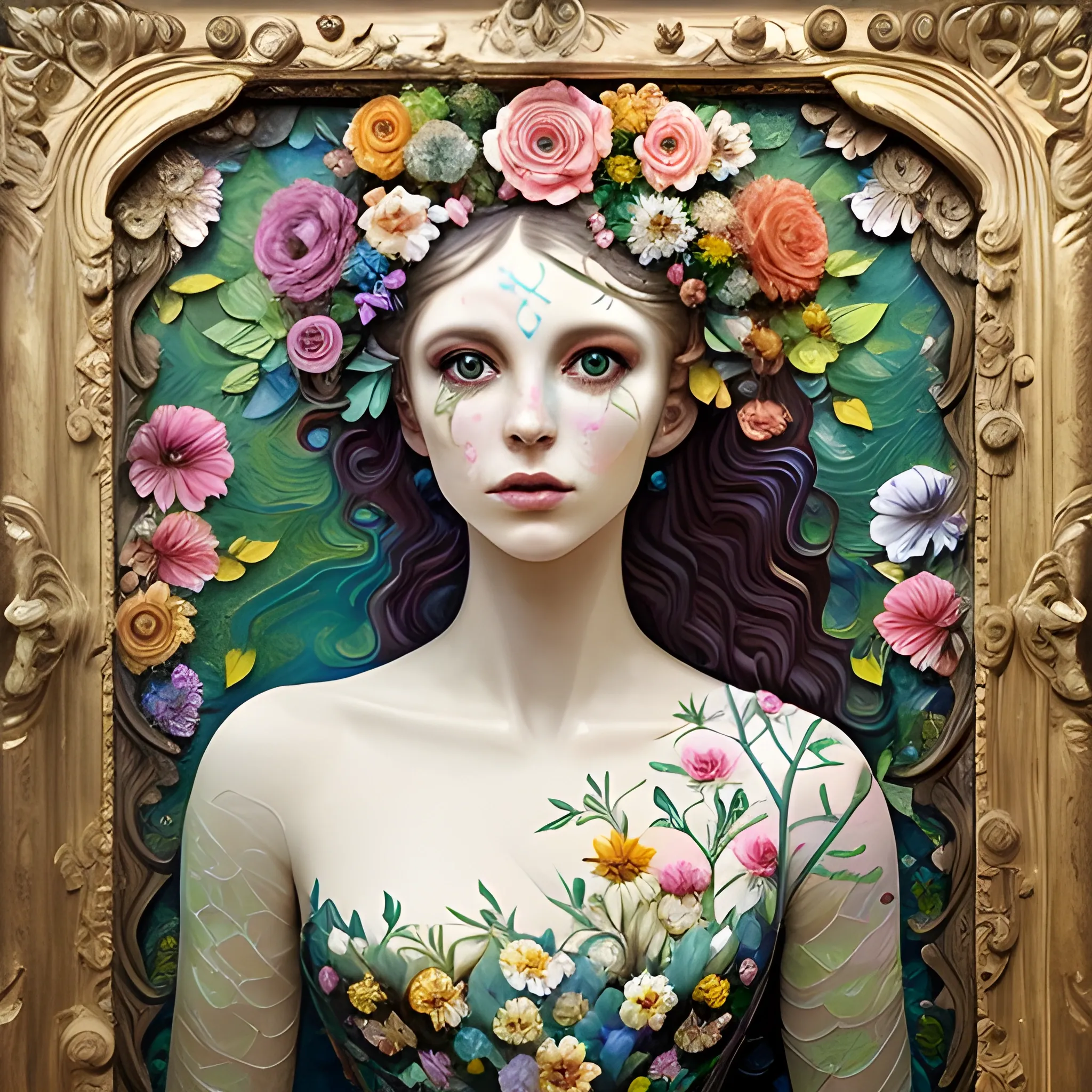 woman in dress with flowers and leaves,painterly surfaces, wavy resin sheets, intricate embellishments, dramatic , Trippy