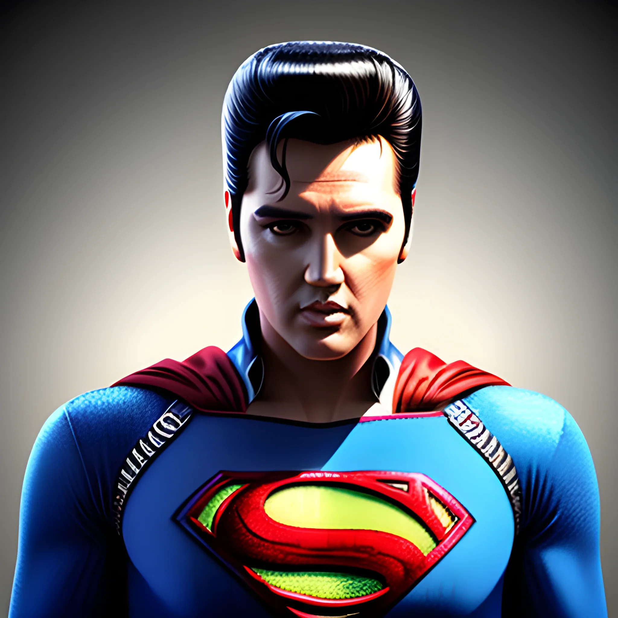 A detailed and intricate digital art piece in a cinematic style, this ultra high resolution portrait of a powerful Elvis Presley is a true masterpiece, superman suit, full size body, flying, 3D, 3D
