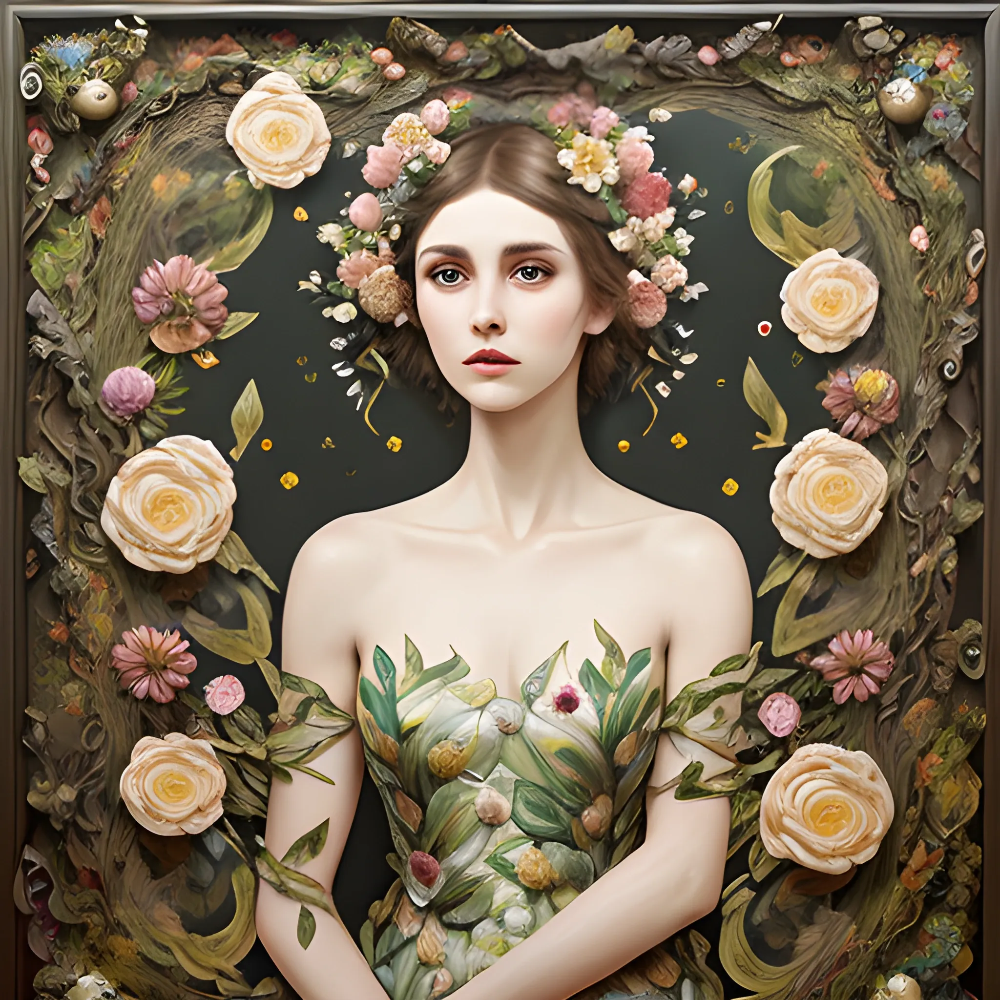 woman in dress with flowers and leaves,painterly surfaces, wavy resin sheets, intricate embellishments, dramatic 