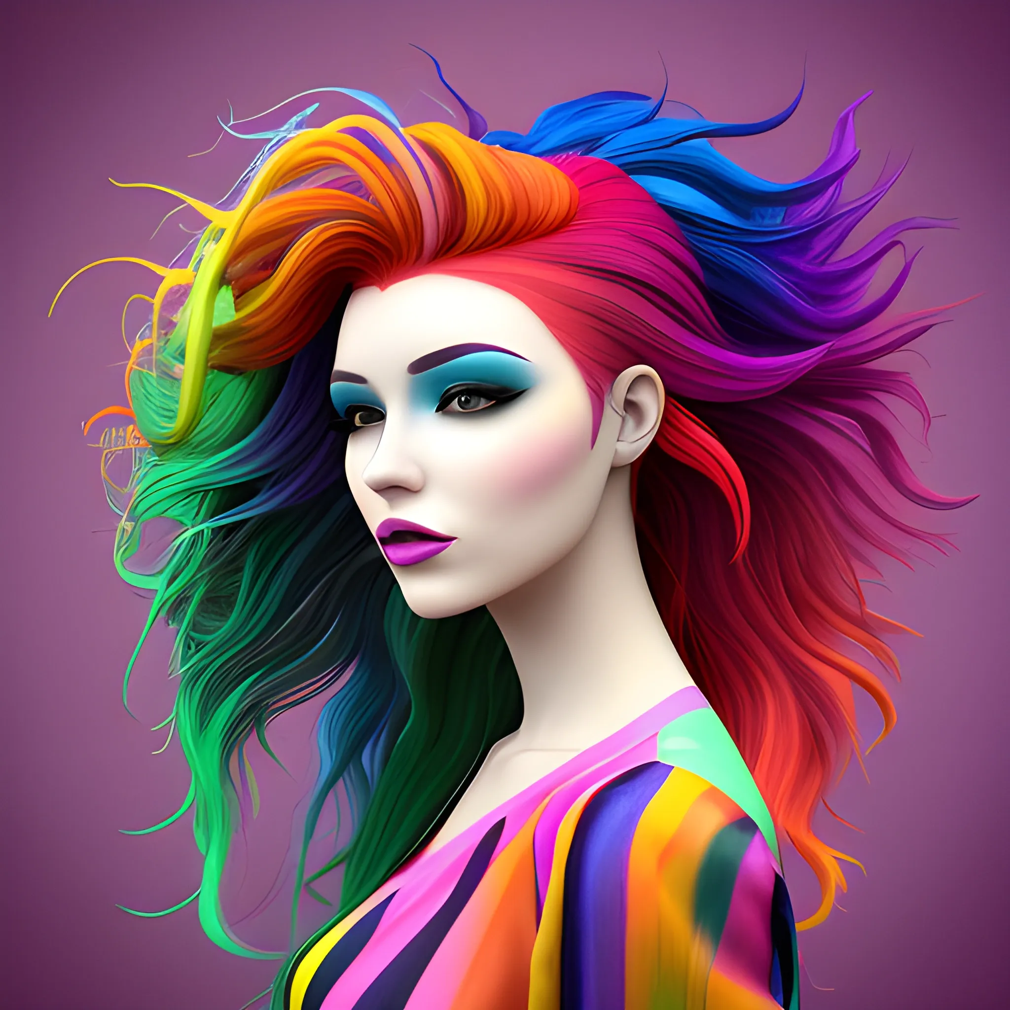the woman is wearing multicolored hair, vibrant color scheme, 3D ...