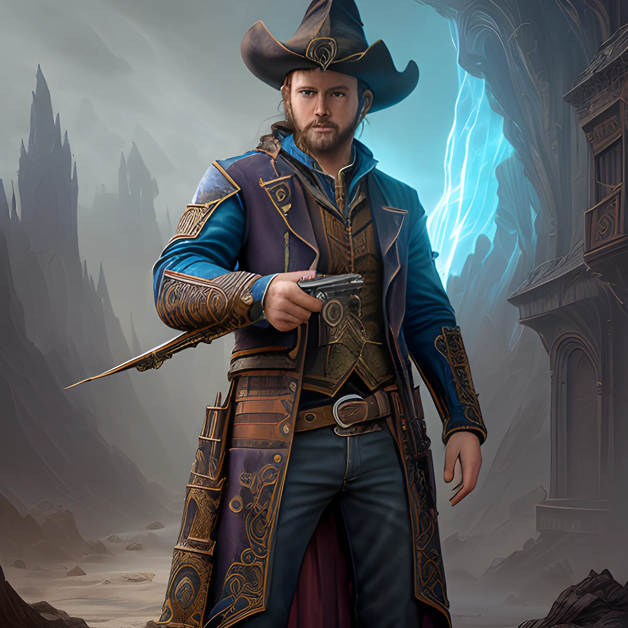 wizard gunslinger, 8k, high resolution, high quality, photorealistic, hyperealistic, detailed, detailed matte painting, deep color, fantastical, intricate detail, splash screen, complementary colors, fantasy concept art, full body, inexperienced