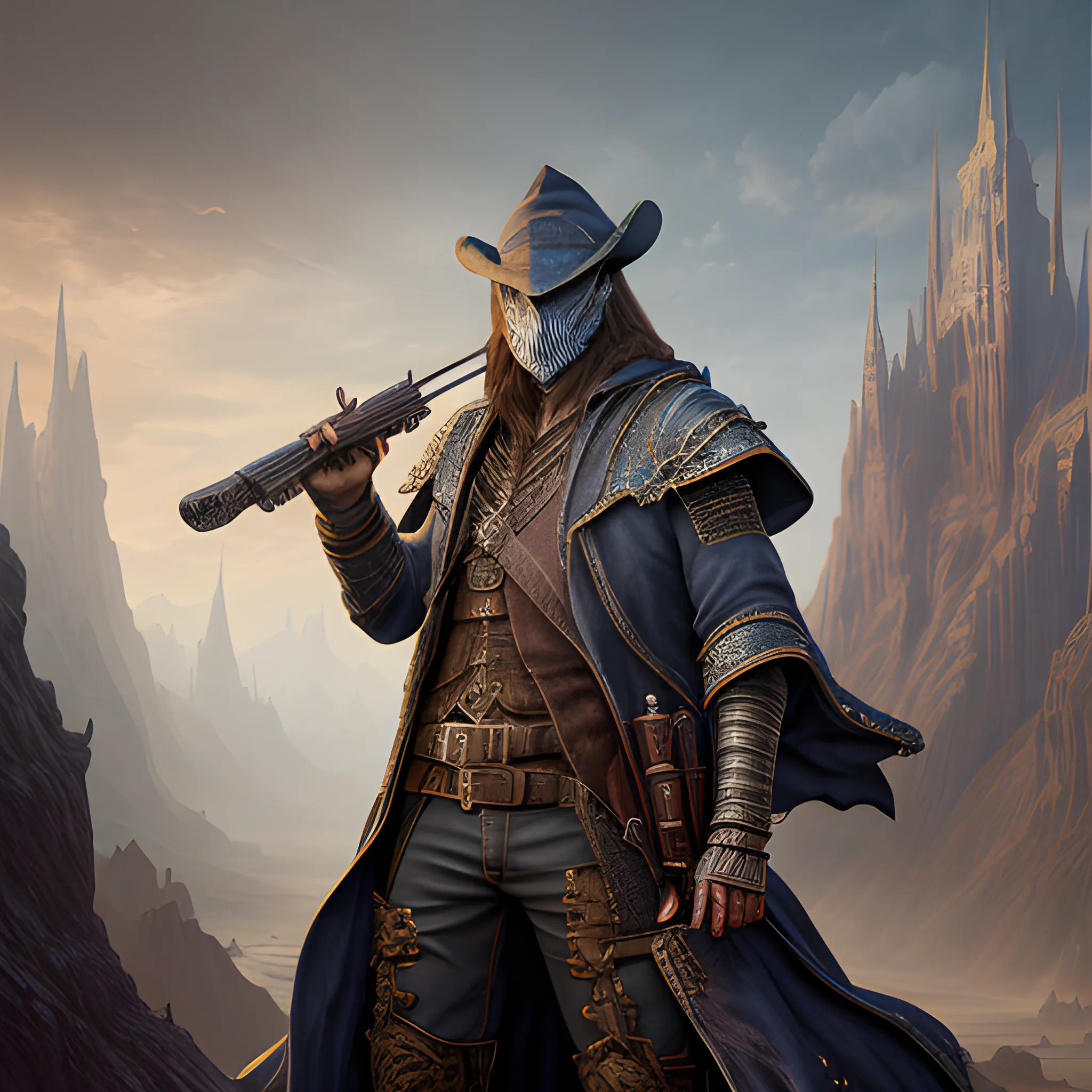 wizard, gunslinger, 8k, high resolution, high quality, photorealistic, hyperealistic, detailed, detailed matte painting, deep color, fantastical, intricate detail, splash screen, complementary colors, fantasy concept art, full body, mask