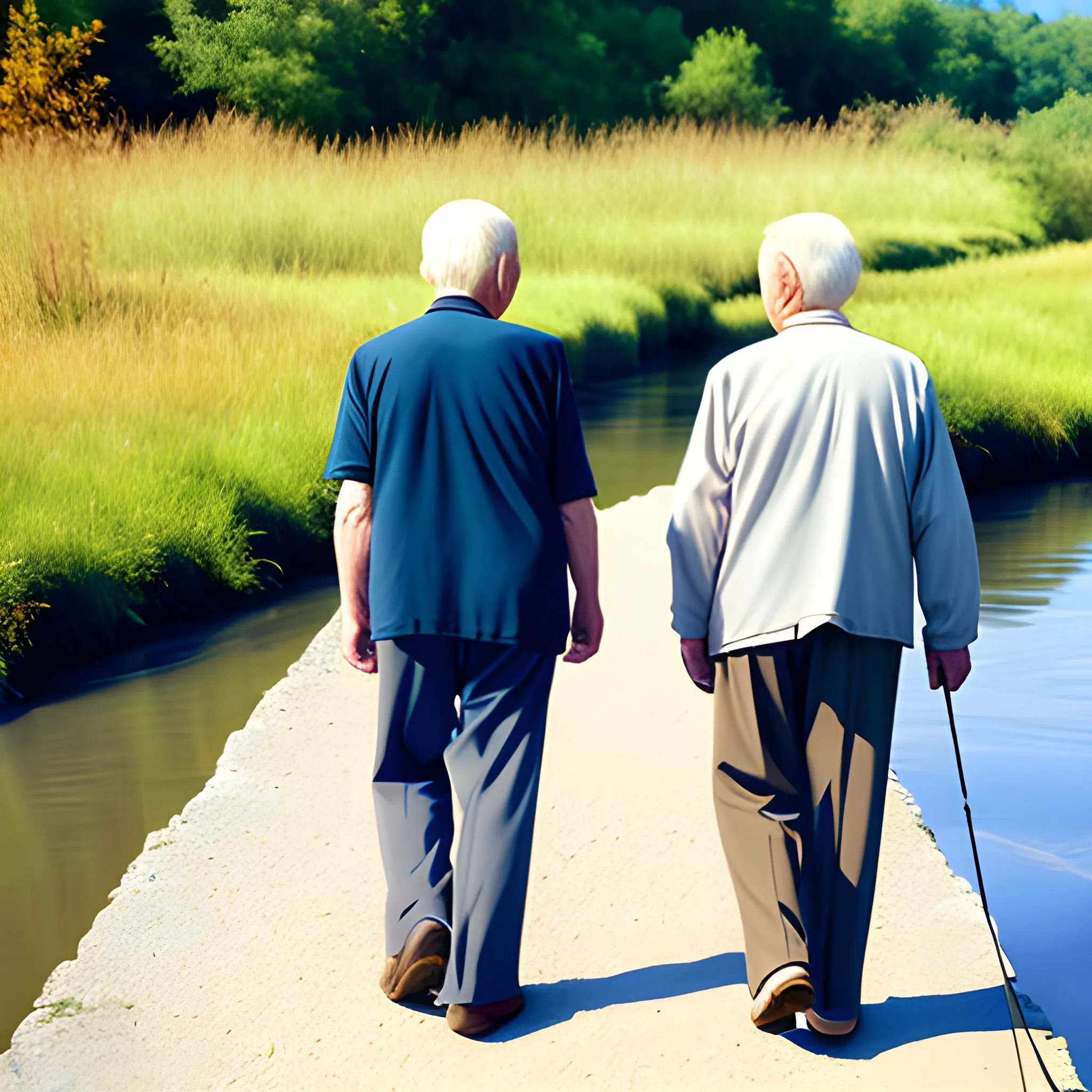 Two old men walking together on the path by the river