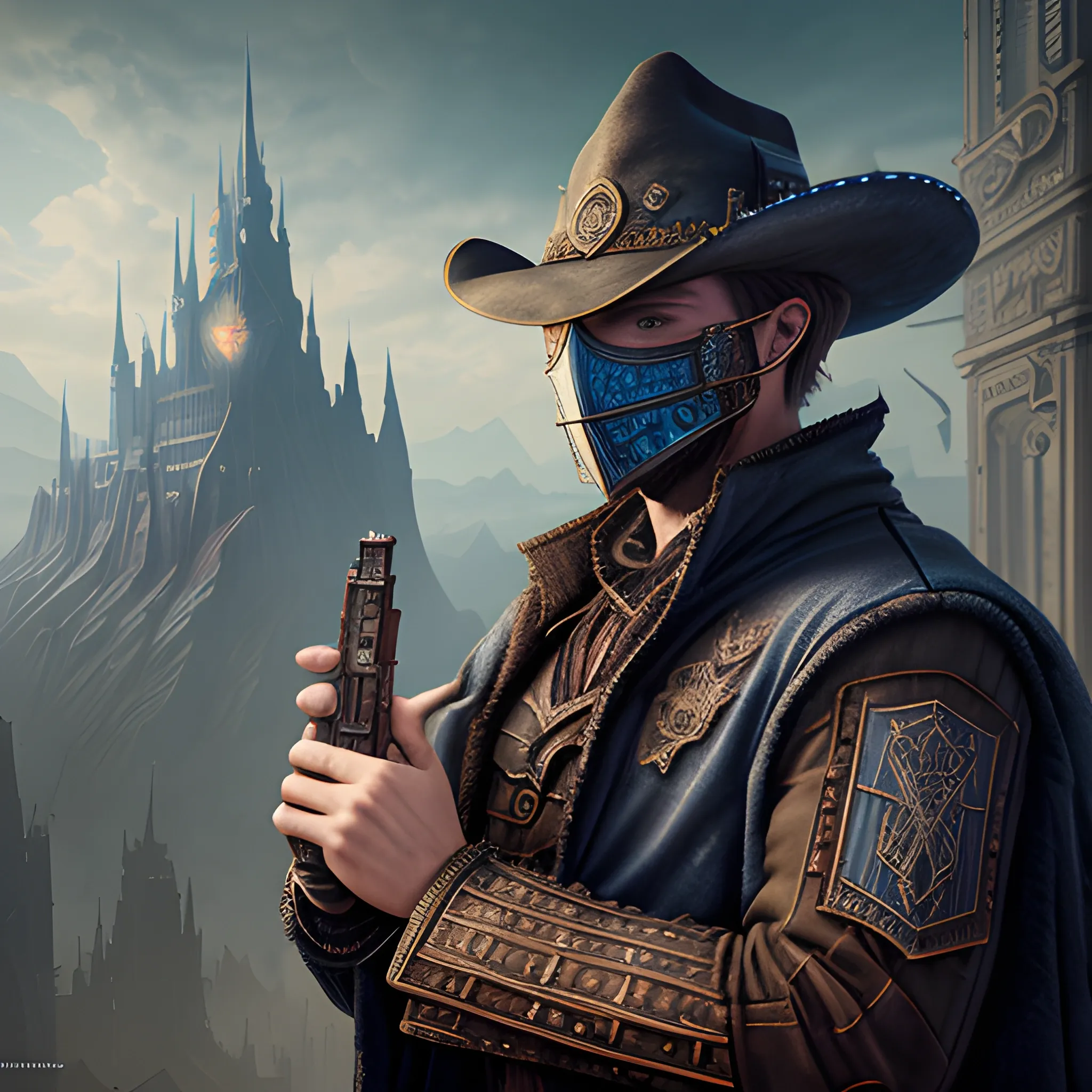 wizard, gunslinger, 8k, high resolution, high quality, photorealistic, hyperealistic, detailed, detailed matte painting, deep color, fantastical, intricate detail, splash screen, complementary colors, fantasy concept art, full body, mask, not covering eyes, revolvers