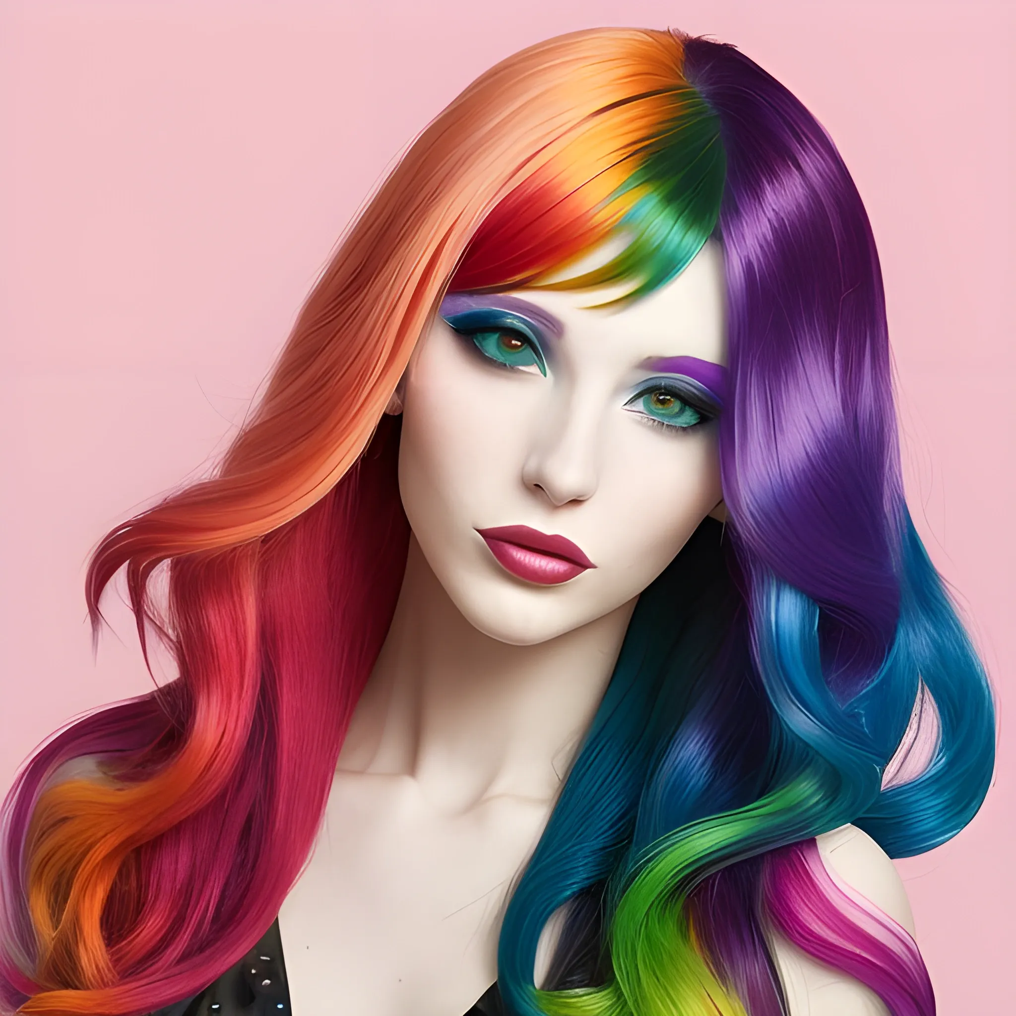 the woman is wearing multicolored hair, vibrant color scheme