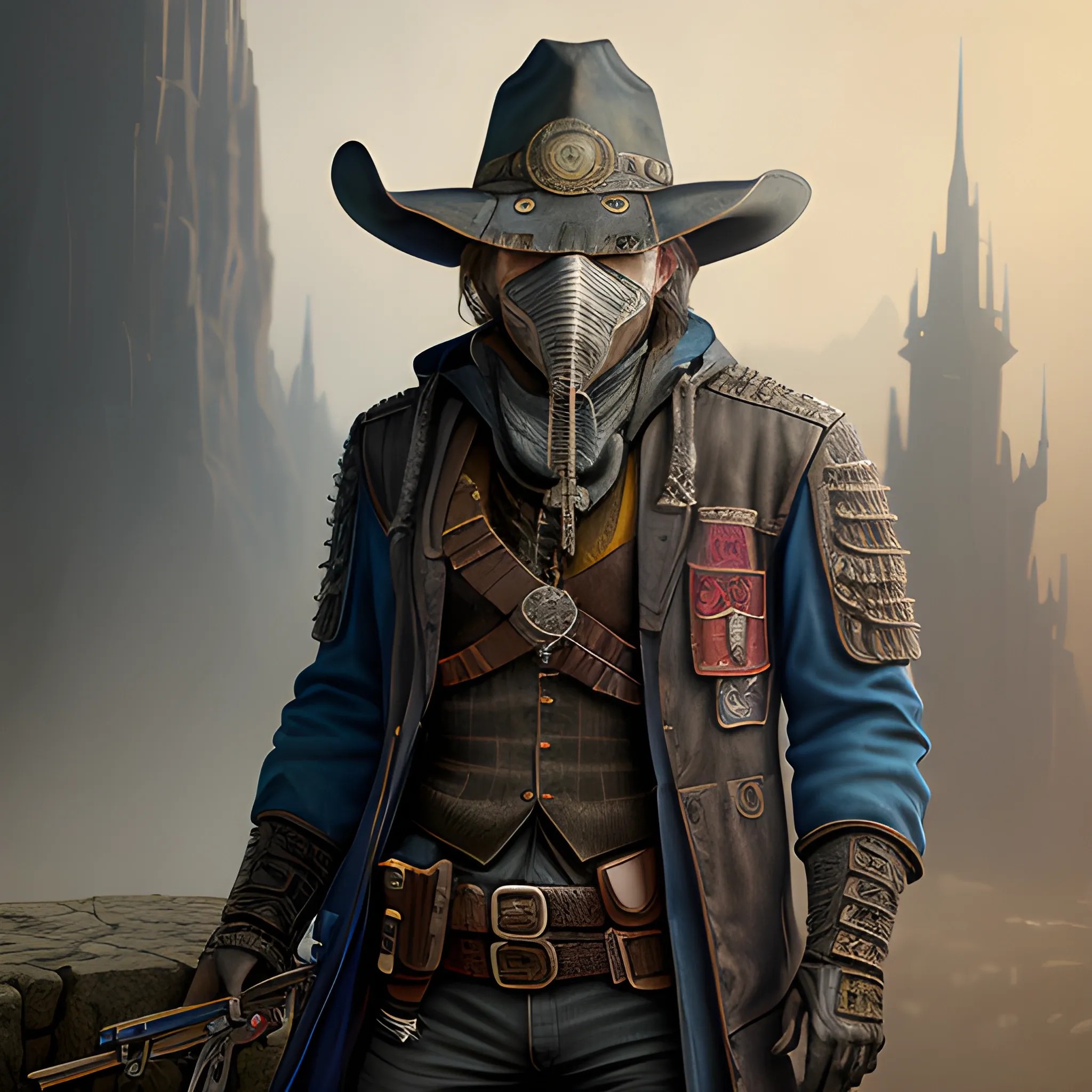wizard, gunslinger, 8k, high resolution, high quality, photorealistic, hyperealistic, detailed, detailed matte painting, deep color, fantastical, intricate detail, splash screen, complementary colors, fantasy concept art, full body, bandit mask, not covering eyes, revolvers, fantasy