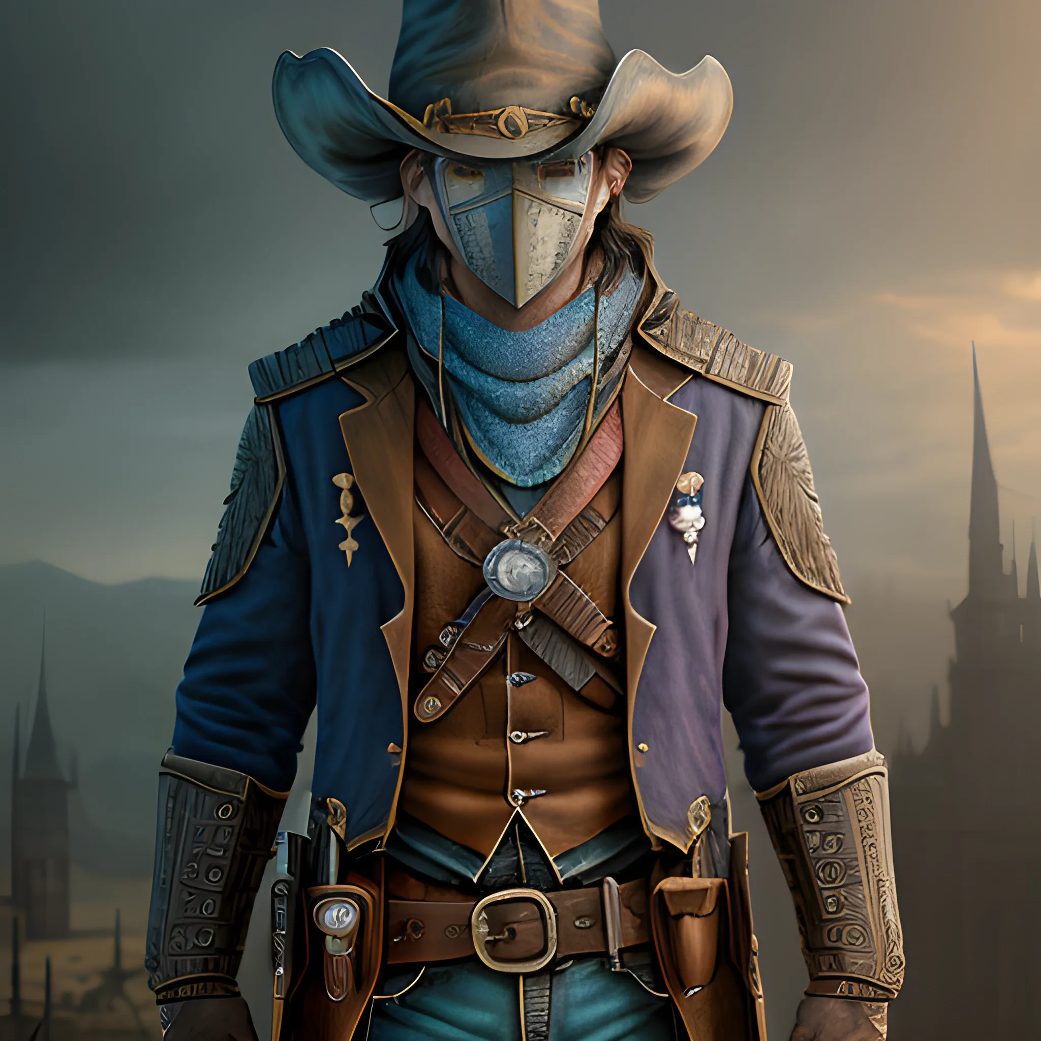 wizard, gunslinger, 8k, high resolution, high quality, photorealistic, hyperealistic, detailed, detailed matte painting, deep color, fantastical, intricate detail, splash screen, complementary colors, fantasy concept art, full body, bandit mask, not covering eyes, revolvers, fantasy
