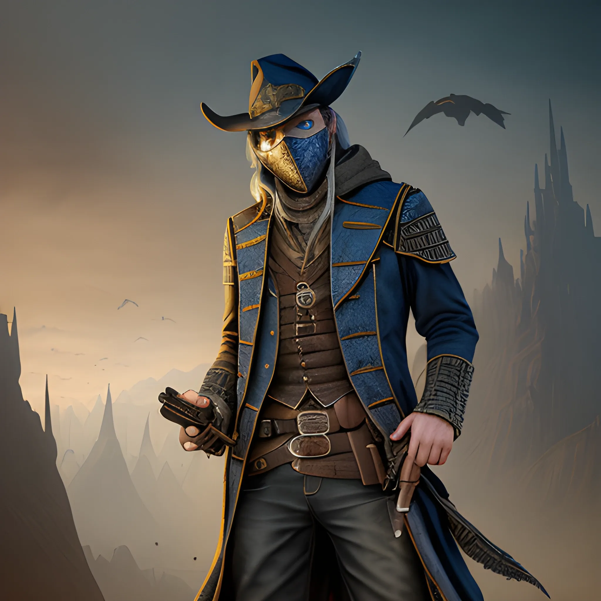 wizard, gunslinger, bandit, 8k, high resolution, high quality, photorealistic, hyperealistic, detailed, detailed matte painting, deep color, fantastical, intricate detail, splash screen, complementary colors, fantasy concept art, full body, bandit mask, not covering eyes, revolvers, fantasy