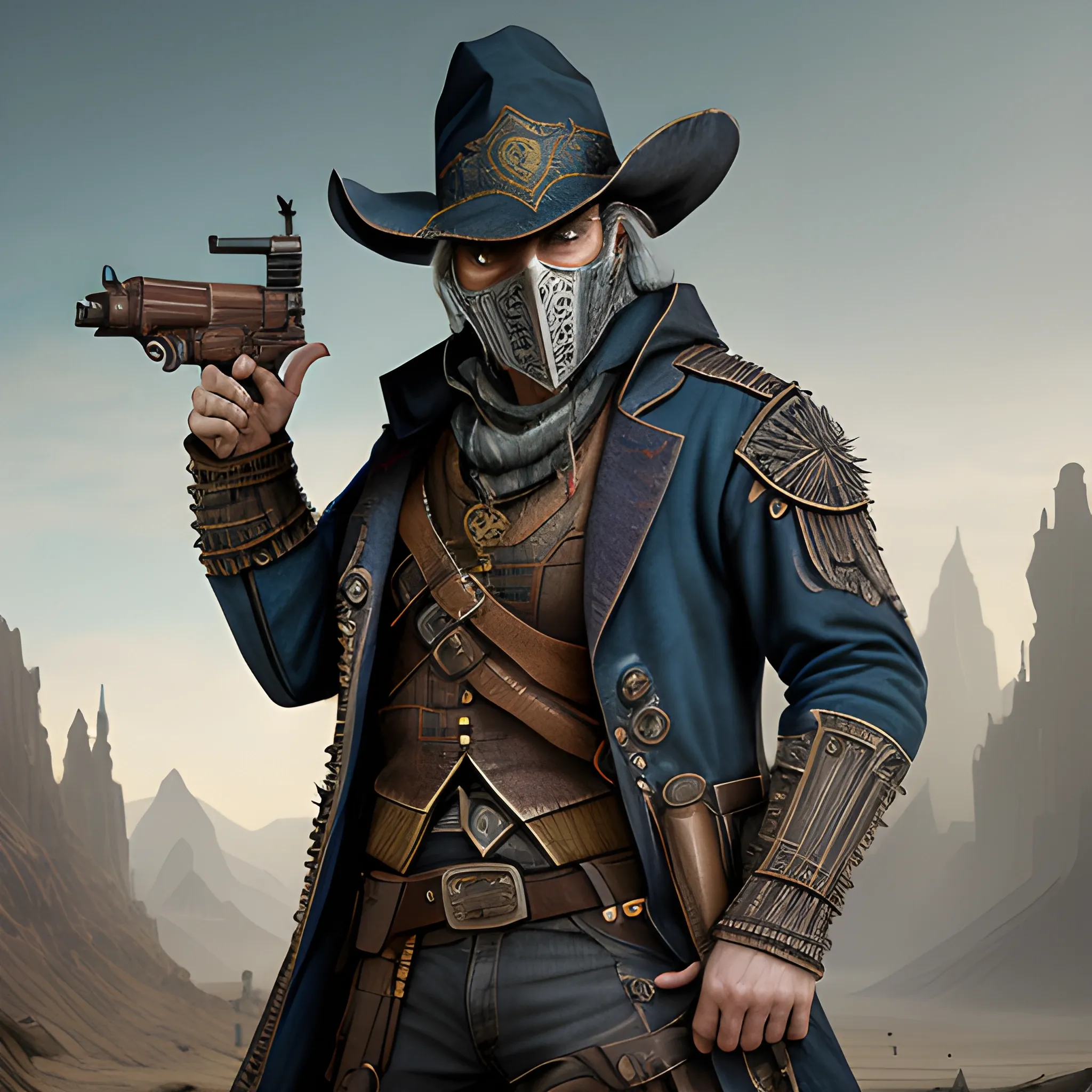 wizard, gunslinger, bandit, 8k, high resolution, high quality, photorealistic, hyperealistic, detailed, detailed matte painting, deep color, fantastical, intricate detail, splash screen, complementary colors, fantasy concept art, full body, bandit mask, revolvers, fantasy