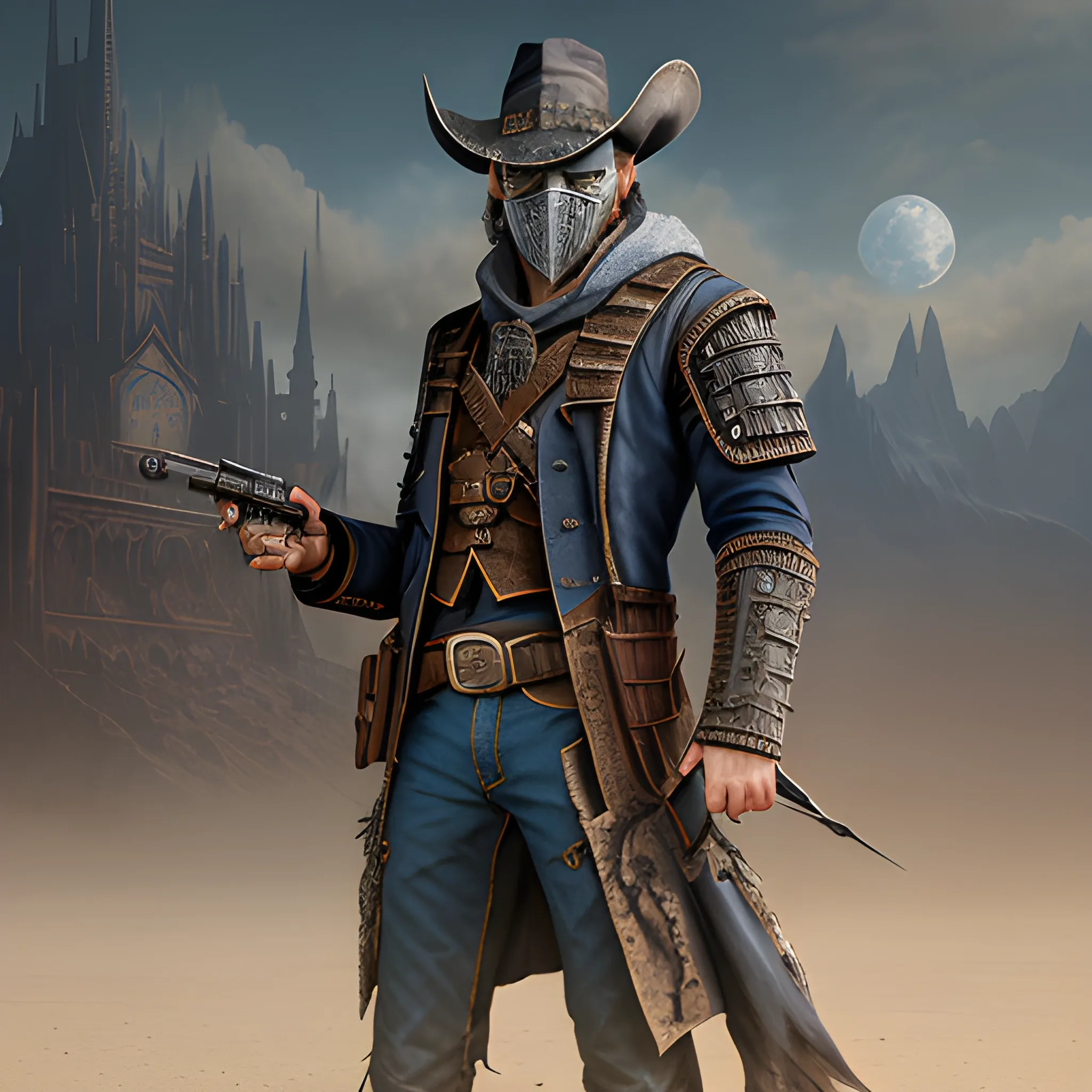 wizard, gunslinger, bandit, 8k, high resolution, high quality, photorealistic, hyperealistic, detailed, detailed matte painting, deep color, fantastical, intricate detail, splash screen, complementary colors, fantasy concept art, full body, bandit mask, revolvers, fantasy