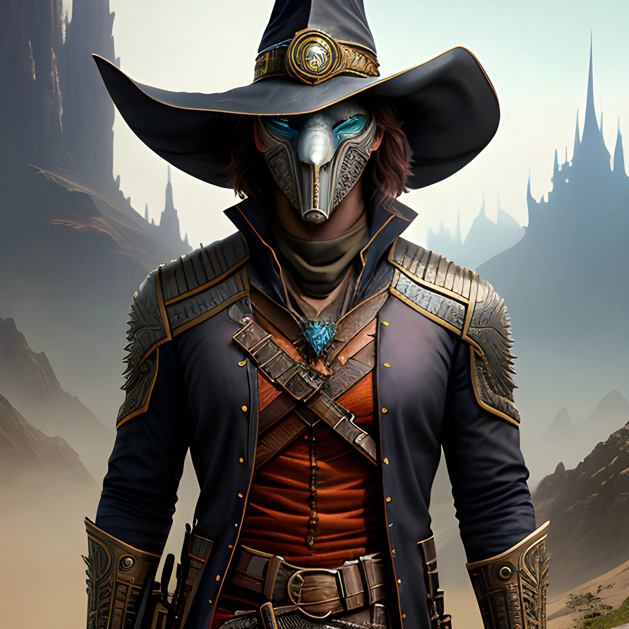 wizard, gunslinger, 8k, high resolution, high quality, photorealistic, hyperealistic, detailed, detailed matte painting, deep color, fantastical, intricate detail, splash screen, complementary colors, fantasy concept art, full body, bandit mask, small hat