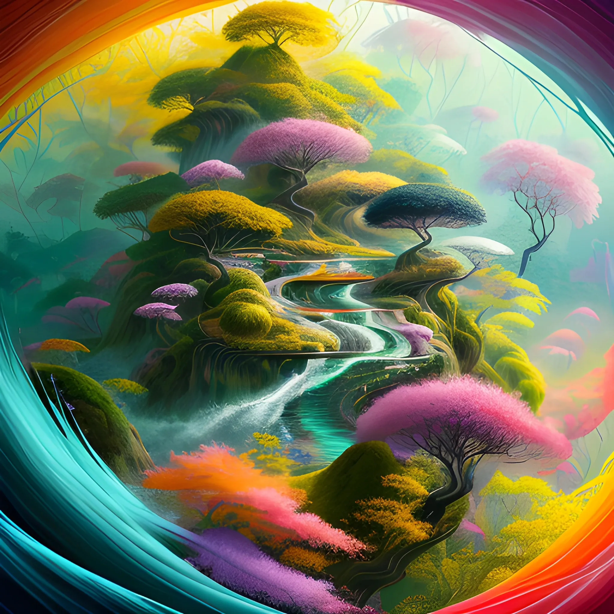 (by Ananta Mandal (and Andrew Biraj:0.5)), (in the style of nihonga), Style: Abstract, Medium: Digital illustration, Subject: An otherworldly landscape with floating islands, cascading waterfalls, and vibrant flora and fauna. Camera Angle: Overhead shot capturing the vastness and intricate details of the scene. The colors are saturated, and the lighting creates a warm and ethereal atmosphere. The painting is highly detailed, with every brushstroke capturing the complexity of the imaginary world., (high quality), (detailed), (masterpiece), (best quality), (highres), (extremely detailed), (8k)