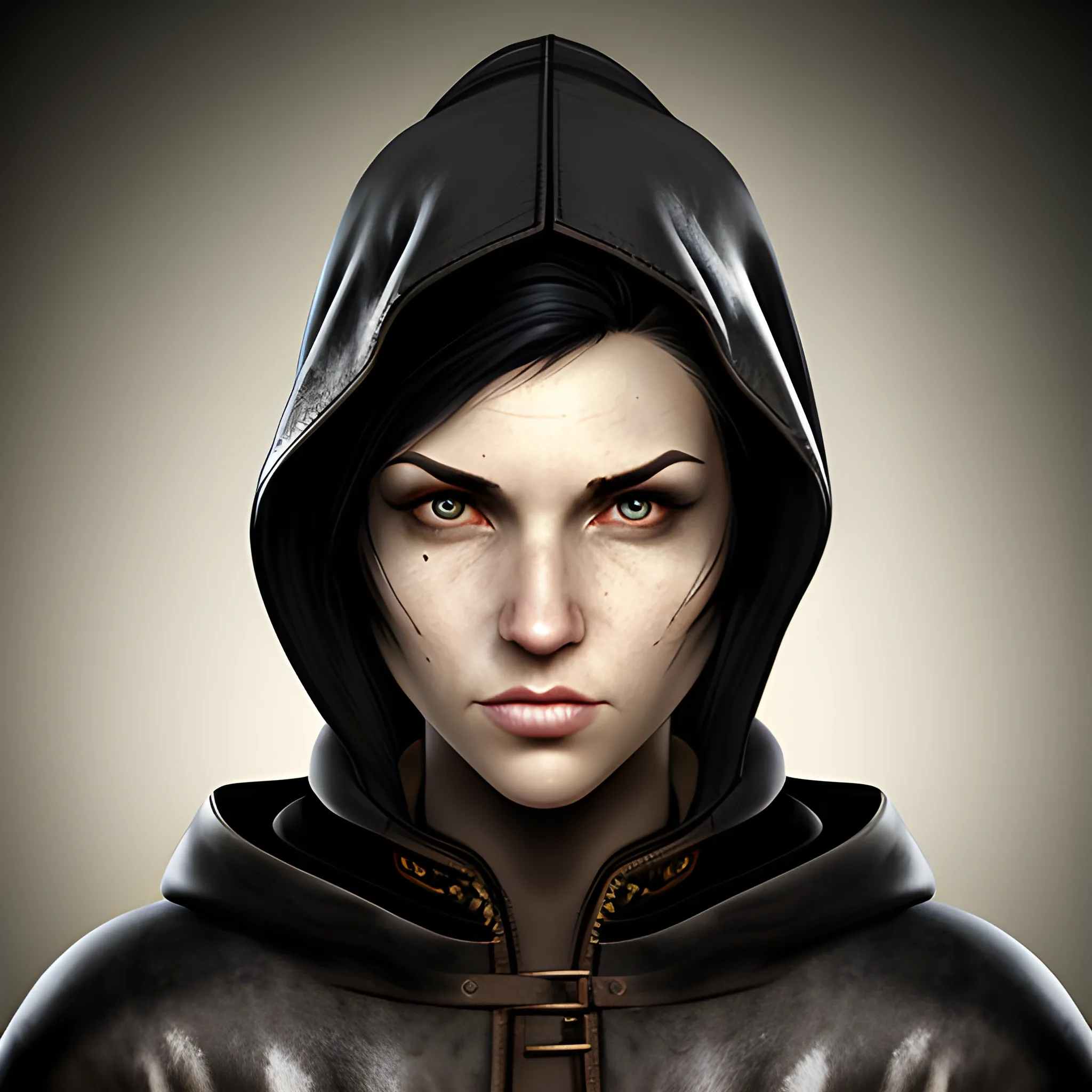 In the style of fallout 1, (masterpiece), (portrait photography), (portrait of an adult Caucasian female), no makeup, flat chested, leather cloak, hood on, ponytail hairstyle, black hair, black eyes
