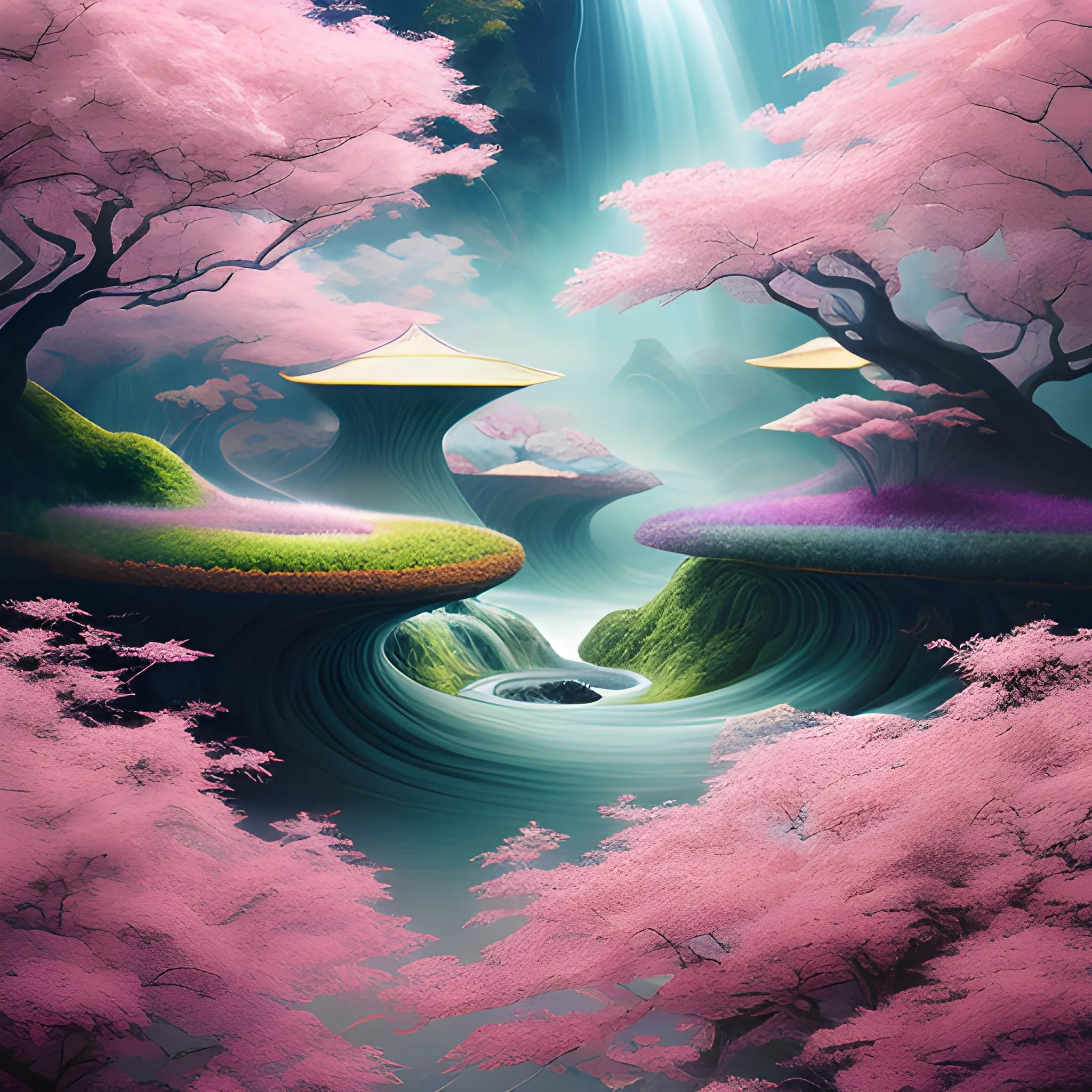 (by Ananta Mandal (and Andrew Biraj:0.5)), (in the style of nihonga), Style: Abstract, Medium: Digital illustration, Subject: An otherworldly landscape with floating islands, cascading waterfalls, and vibrant flora and fauna. Camera Angle: Overhead shot capturing the vastness and intricate details of the scene. The colors are saturated, and the lighting creates a warm and ethereal atmosphere. The painting is highly detailed, with every brushstroke capturing the complexity of the imaginary world., (high quality), (detailed), (masterpiece), (best quality), (highres), (extremely detailed), (8k)