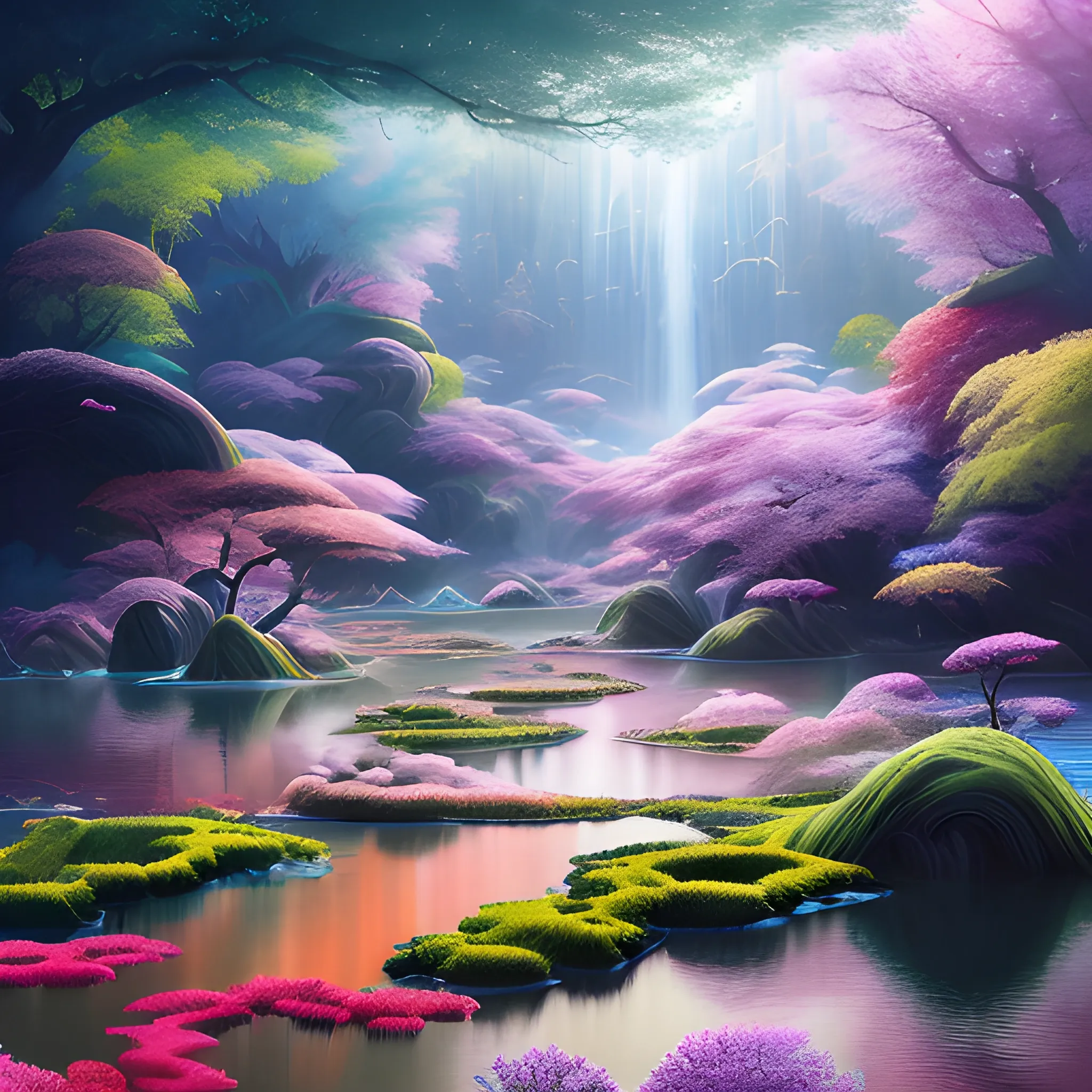 (by Ananta Mandal (and Andrew Biraj:0.5)), (in the style of nihonga), Style: Abstract, Medium: Digital illustration, Subject: An otherworldly landscape with floating islands, cascading waterfalls, and vibrant flora and fauna. Camera Angle: Overhead shot capturing the vastness and intricate details of the scene. The colors are saturated, and the lighting creates a warm and ethereal atmosphere. The painting is highly detailed, with every brushstroke capturing the complexity of the imaginary world., (high quality), (detailed), (masterpiece), (best quality), (highres), (extremely detailed), (8k)