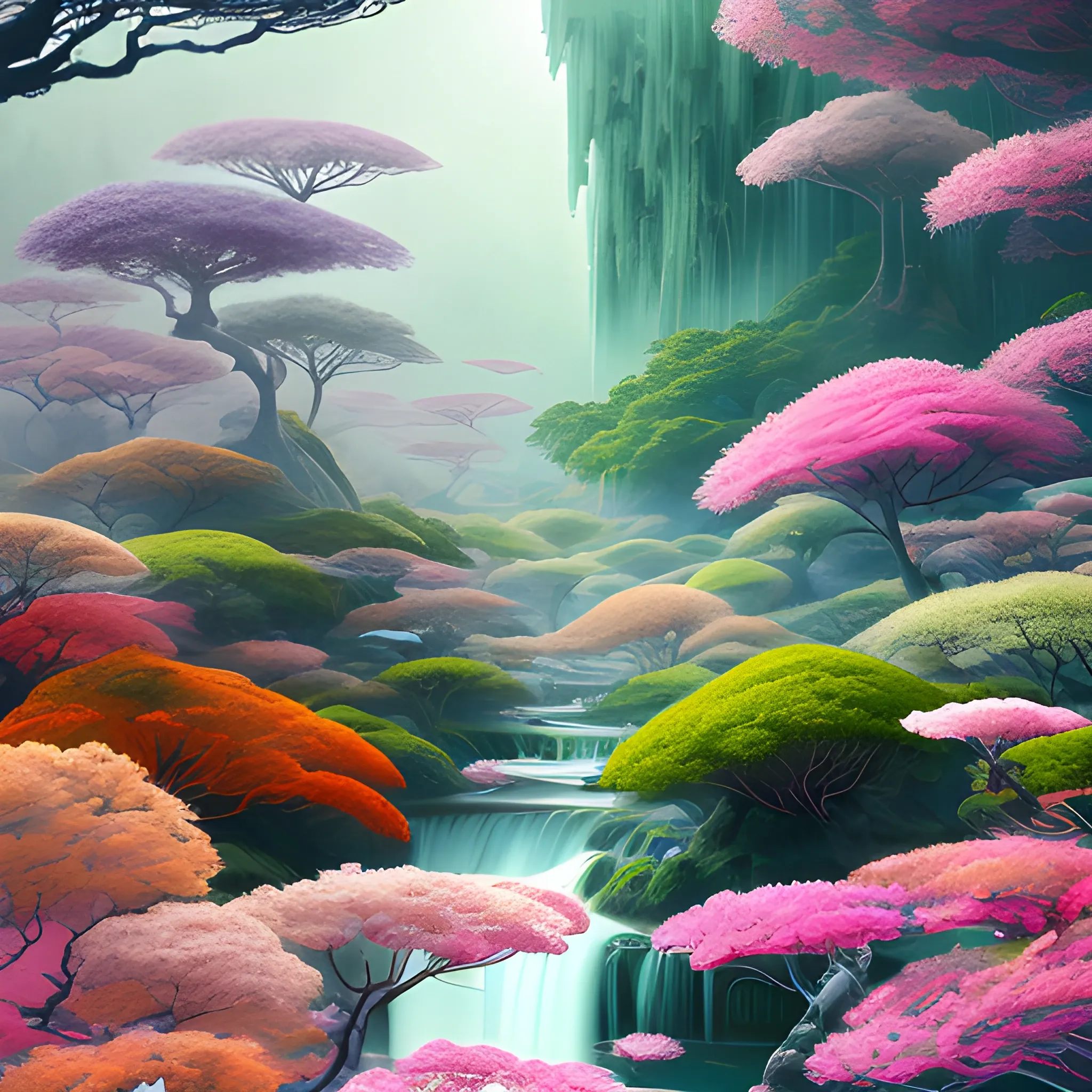 (by Ananta Mandal (and Andrew Biraj:0.5)), (in the style of nihonga), Style: Abstract, Medium: Digital illustration, Subject: An otherworldly landscape with floating islands, cascading waterfalls, and vibrant flora and fauna. Camera Angle: Overhead shot capturing the vastness and intricate details of the scene. The colors are saturated, and the lighting creates a warm and ethereal atmosphere. The painting is highly detailed, with every brushstroke capturing the complexity of the imaginary world., (high quality), (detailed), (masterpiece), (best quality), (highres), (extremely detailed), (8k)