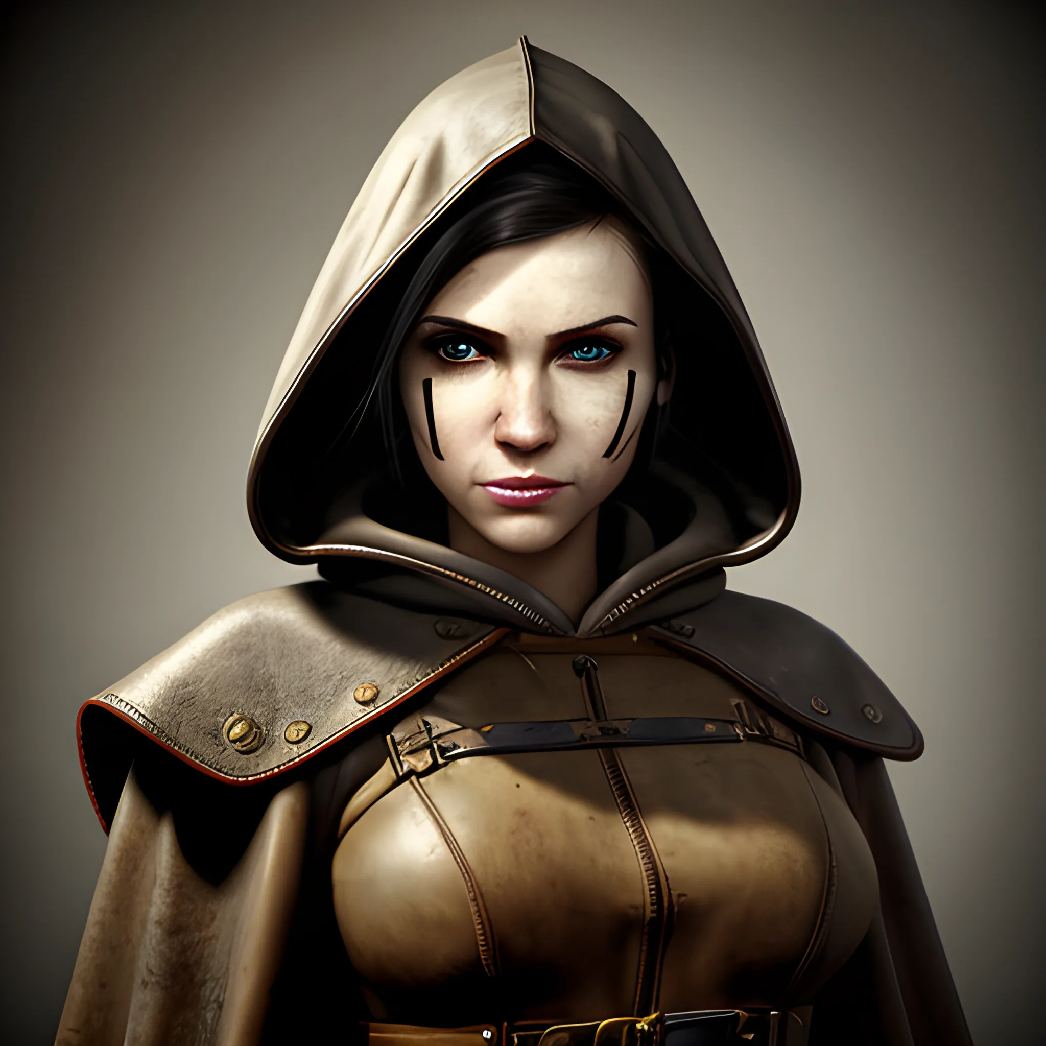 In the style of fallout 1, (masterpiece), (portrait photography), (portrait of an adult Caucasian female), no makeup, flat chested, tribal outfit, leather cloak, hood on, ponytail hairstyle, black hair, black eyes