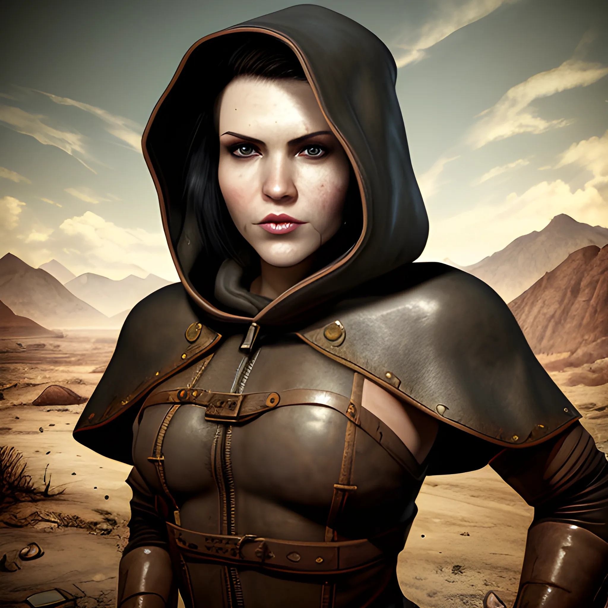 In the style of fallout 1, (masterpiece), (portrait photography), (portrait of an adult Caucasian female), no makeup, flat chested, revealing tribal outfit, leather cloak, hood on, ponytail hairstyle, black hair, black eyes