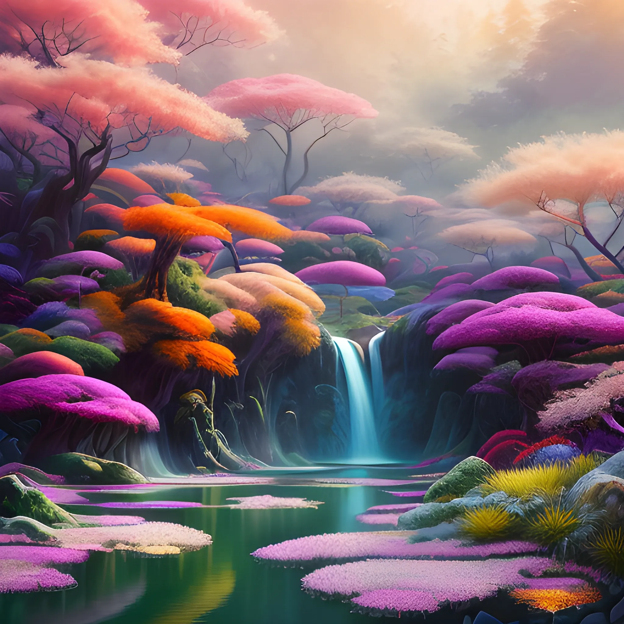 (by Ananta Mandal (and Andrew Biraj:0.5)), (in the style of nihonga), Style: Abstract, Medium: Digital illustration, Subject: An otherworldly landscape with floating islands, cascading waterfalls, and vibrant flora and fauna. Camera Angle: Overhead shot capturing the vastness and intricate details of the scene. The colors are saturated, and the lighting creates a warm and ethereal atmosphere. The painting is highly detailed, with every brushstroke capturing the complexity of the imaginary world., (high quality), (detailed), (masterpiece), (best quality), (highres), (extremely detailed), (8k)