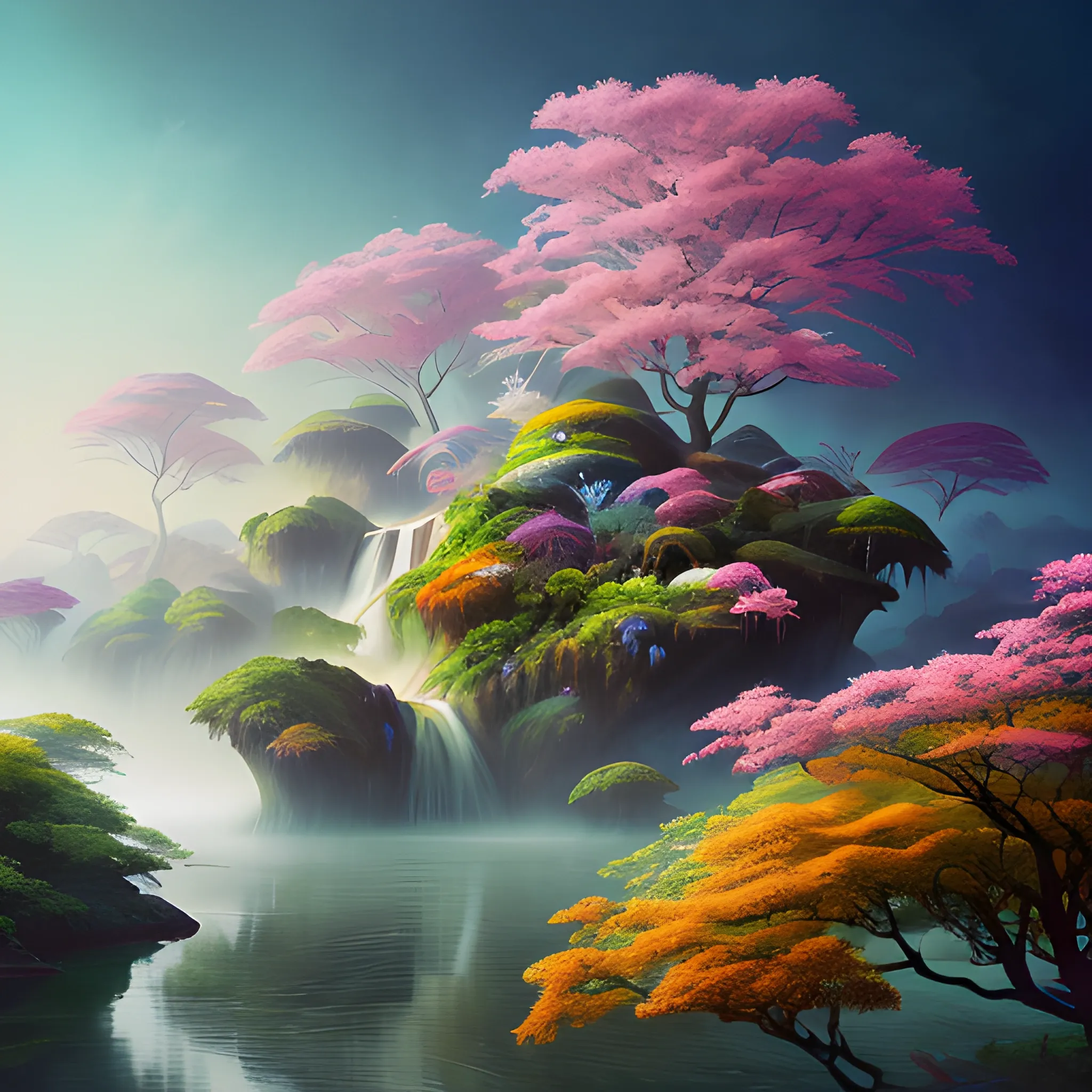 (by Ananta Mandal (and Andrew Biraj:0.5)), (in the style of nihonga), Style: Abstract, Medium: Digital illustration, Subject: An otherworldly landscape with floating islands, cascading waterfalls, and vibrant flora and fauna. Camera Angle: Overhead shot capturing the vastness and intricate details of the scene. The colors are saturated, and the lighting creates a warm and ethereal atmosphere. The painting is highly detailed, with every brushstroke capturing the complexity of the imaginary world., (high quality), (detailed), (masterpiece), (best quality), (highres), (extremely detailed), (8k)