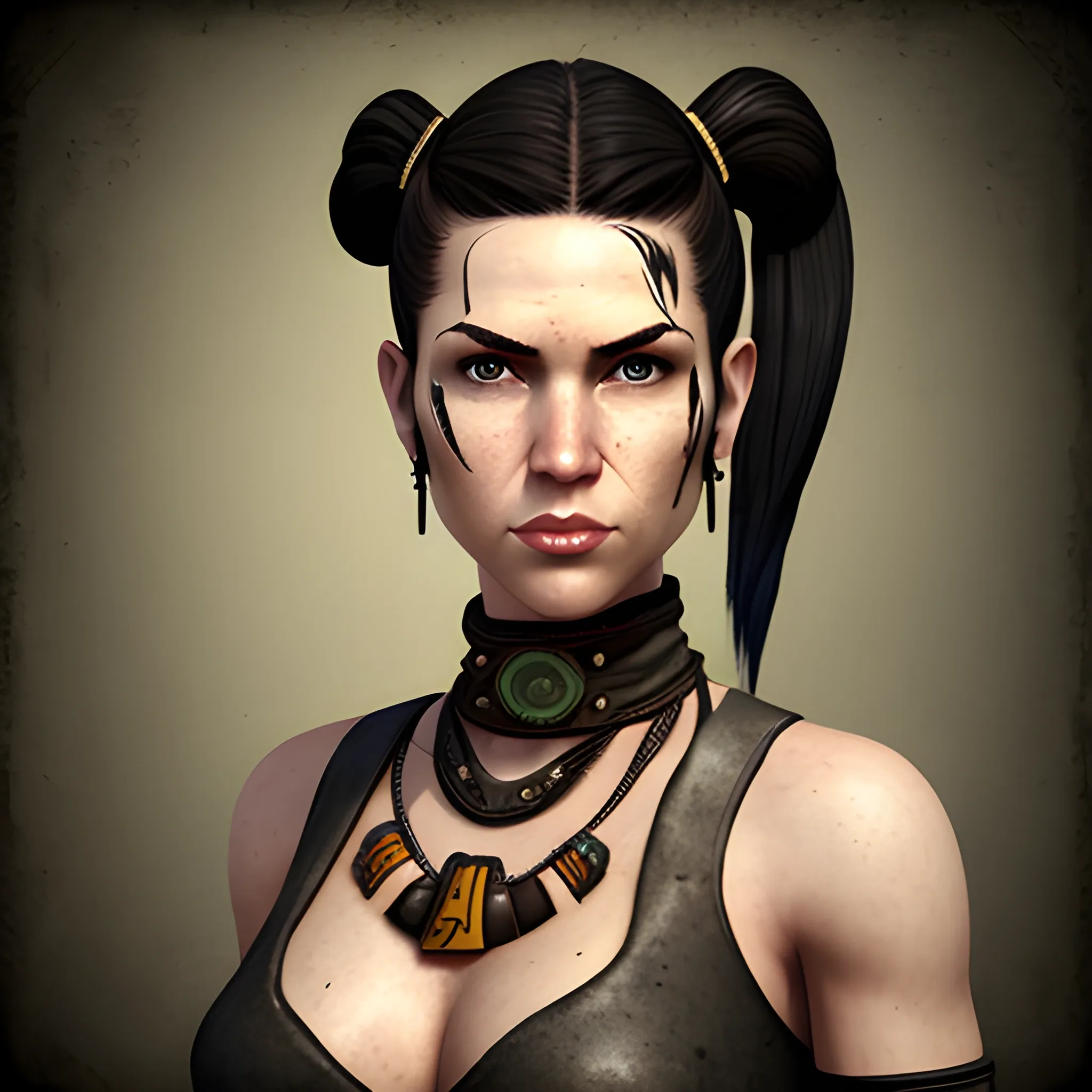 In the style of fallout 1, (masterpiece), (portrait photography), (portrait of an adult Caucasian female), no makeup, flat chested, revealing tribal outfit, ponytail hairstyle, black hair, black eyes