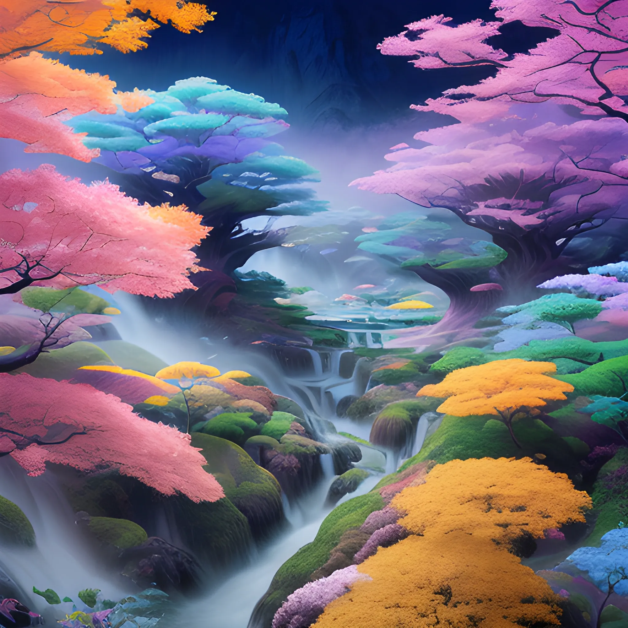 (by Ananta Mandal (and Andrew Biraj:0.5)), (in the style of nihonga), Style: Abstract, Medium: Digital illustration, Subject: An otherworldly landscape with floating islands, cascading waterfalls, and vibrant flora and fauna. Camera Angle: Overhead shot capturing the vastness and intricate details of the scene. The colors are saturated, and the lighting creates a warm and ethereal atmosphere. The painting is highly detailed, with every brushstroke capturing the complexity of the imaginary world., (high quality), (detailed), (masterpiece), (best quality), (highres), (extremely detailed), (8k)