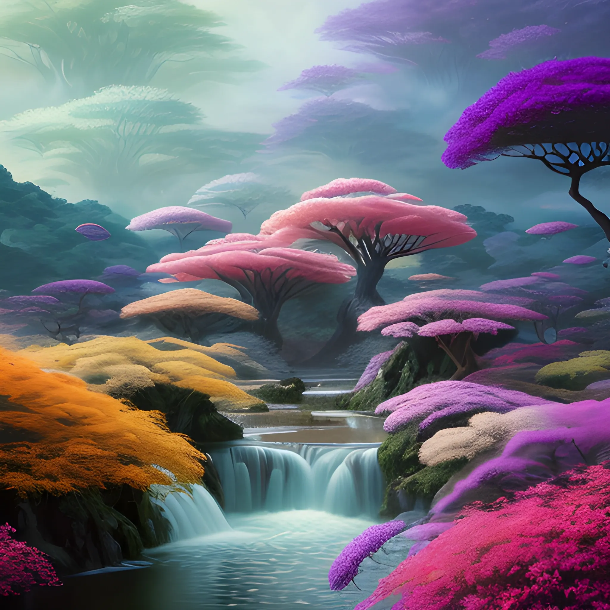 (by Ananta Mandal (and Andrew Biraj:0.5)), (in the style of nihonga), Style: Abstract, Medium: Digital illustration, Subject: An otherworldly landscape with floating islands, cascading waterfalls, and vibrant flora and fauna. Camera Angle: Overhead shot capturing the vastness and intricate details of the scene. The colors are saturated, and the lighting creates a warm and ethereal atmosphere. The painting is highly detailed, with every brushstroke capturing the complexity of the imaginary world., (high quality), (detailed), (masterpiece), (best quality), (highres), (extremely detailed), (8k)