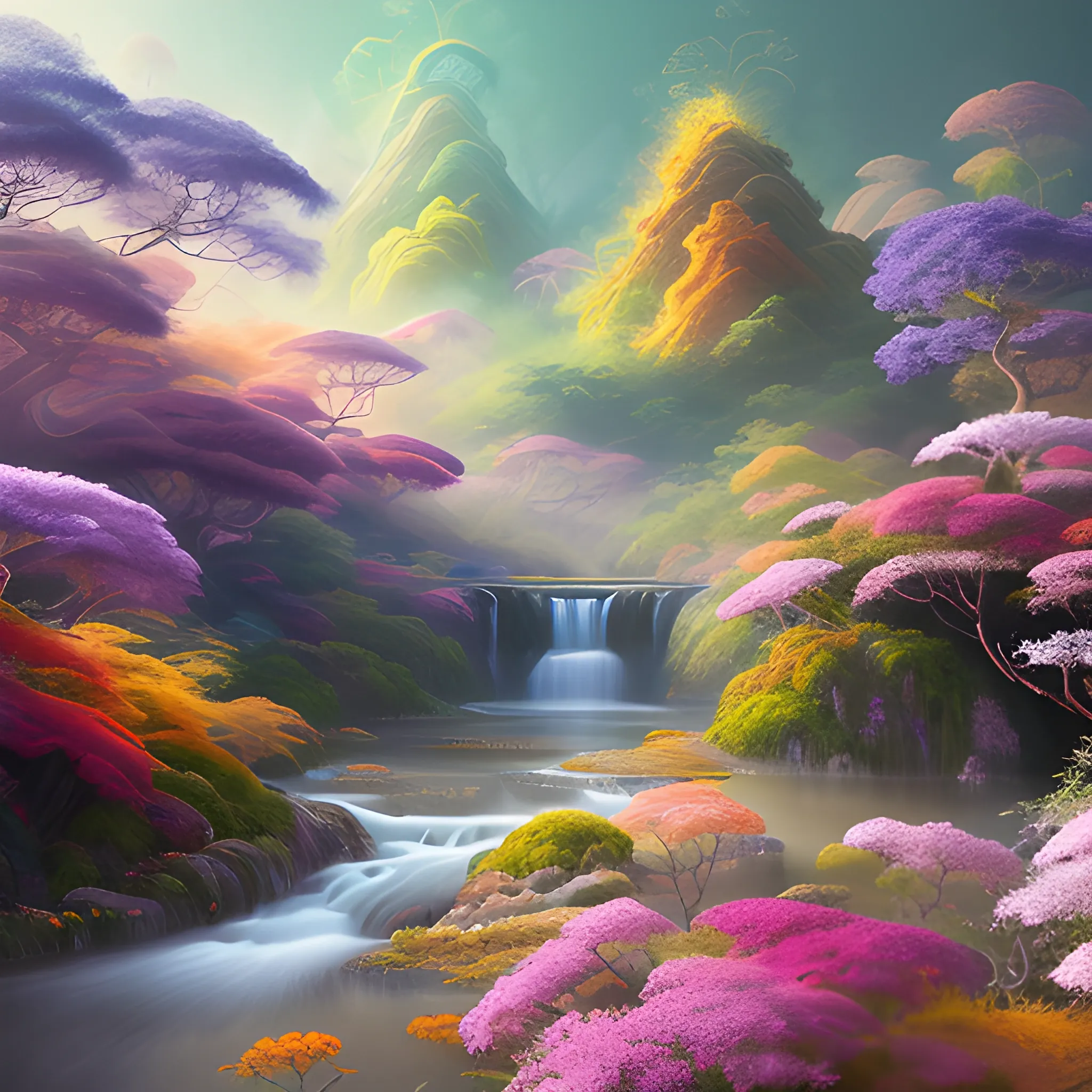 (by Ananta Mandal (and Andrew Biraj:0.5)), (in the style of nihonga), Style: Abstract, Medium: Digital illustration, Subject: An otherworldly landscape with floating islands, cascading waterfalls, and vibrant flora and fauna. Camera Angle: Overhead shot capturing the vastness and intricate details of the scene. The colors are saturated, and the lighting creates a warm and ethereal atmosphere. The painting is highly detailed, with every brushstroke capturing the complexity of the imaginary world., (high quality), (detailed), (masterpiece), (best quality), (highres), (extremely detailed), (8k)