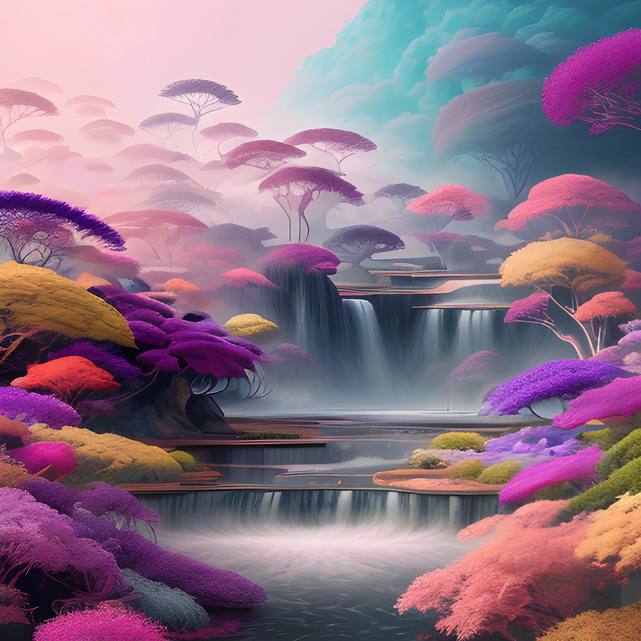 (by Ananta Mandal (and Andrew Biraj:0.5)), (in the style of nihonga), Style: Abstract, Medium: Digital illustration, Subject: An otherworldly landscape with floating islands, cascading waterfalls, and vibrant flora and fauna. Camera Angle: Overhead shot capturing the vastness and intricate details of the scene. The colors are saturated, and the lighting creates a warm and ethereal atmosphere. The painting is highly detailed, with every brushstroke capturing the complexity of the imaginary world., (high quality), (detailed), (masterpiece), (best quality), (highres), (extremely detailed), (8k)