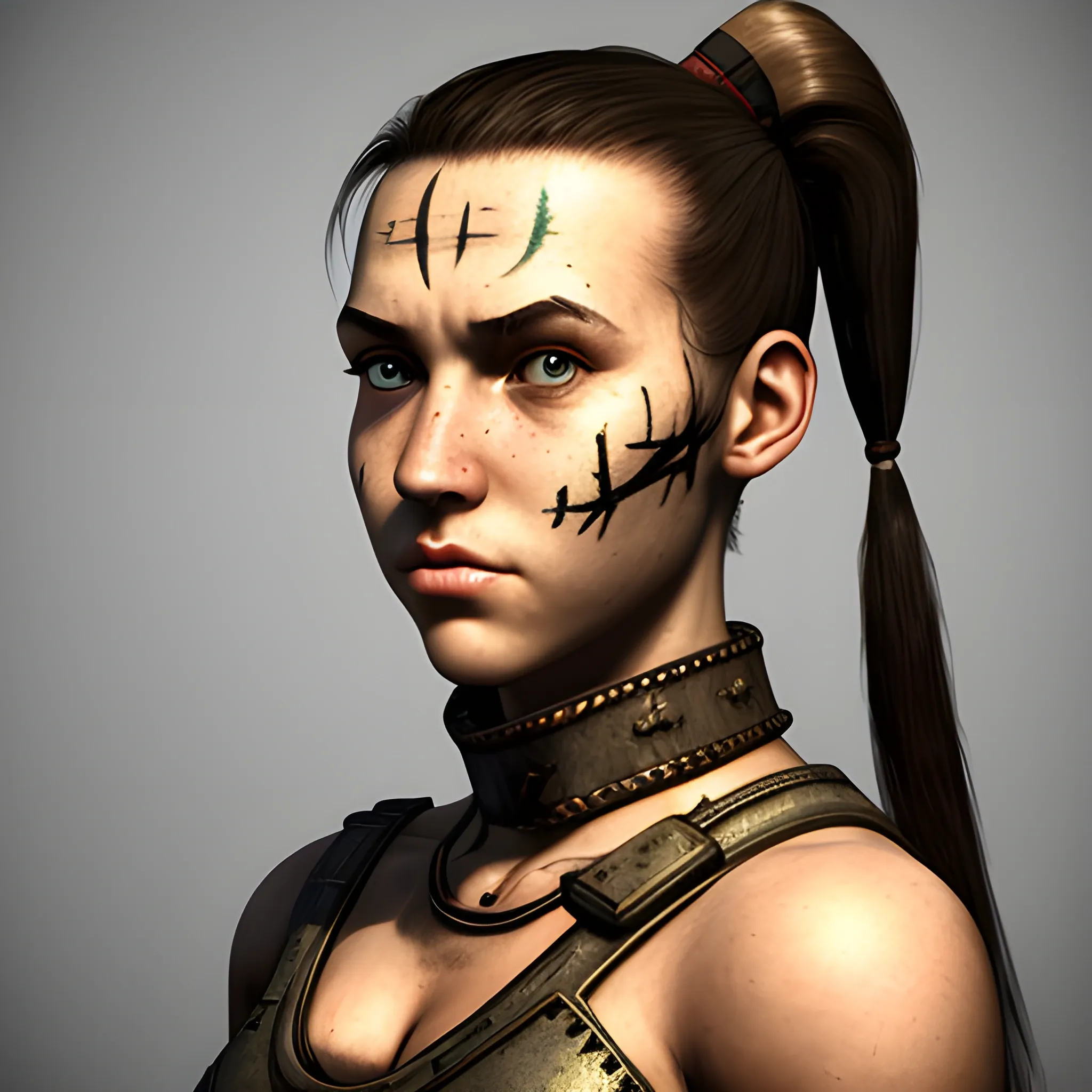 In the style of fallout 1, (masterpiece), (portrait photography), (portrait of a 20 years old adult Caucasian female), no makeup, flat chested, revealing tribal outfit, ponytail hairstyle, black hair, black eyes