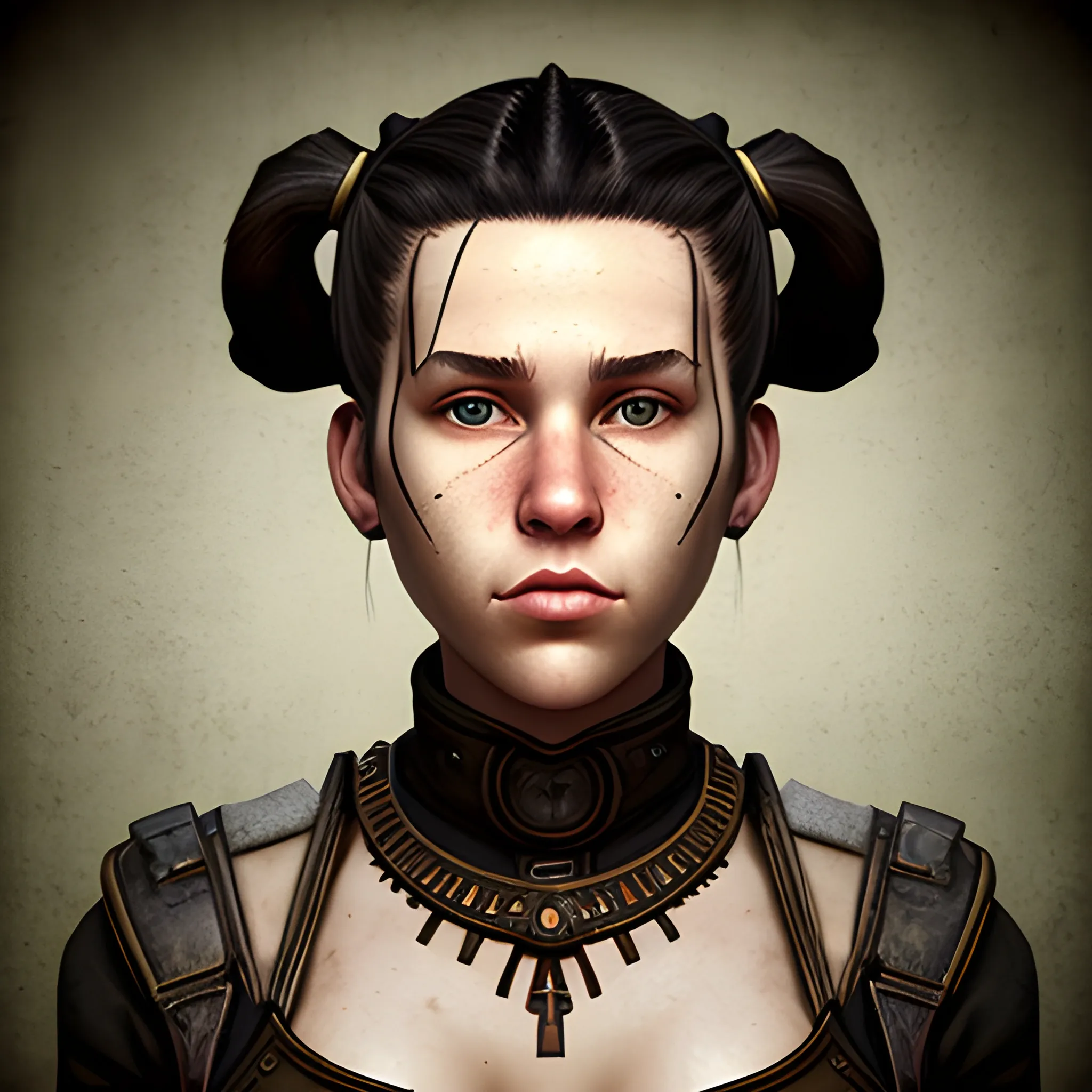 In the style of fallout 1, (masterpiece), (portrait photography), (portrait of a 20 years old adult Caucasian female), no makeup, flat chested, revealing tribal outfit, ponytail hairstyle, black hair, black eyes