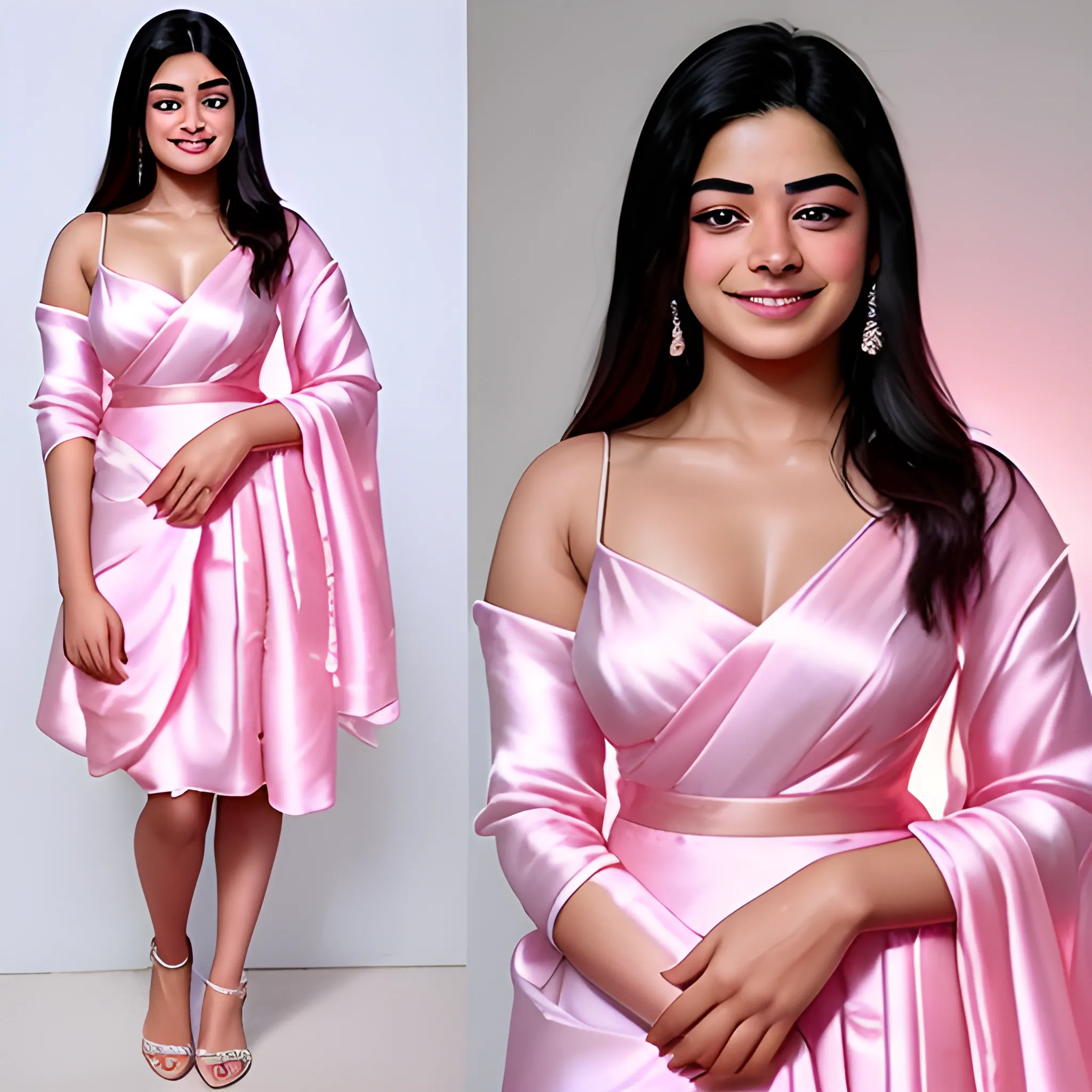 Thick Rashmika Mandanna
bigger thigh
 white muscular body
a stunningly beautiful princess dressed in a light night pink silk allur dress,flirty open eyes with cutest smile 
At night 