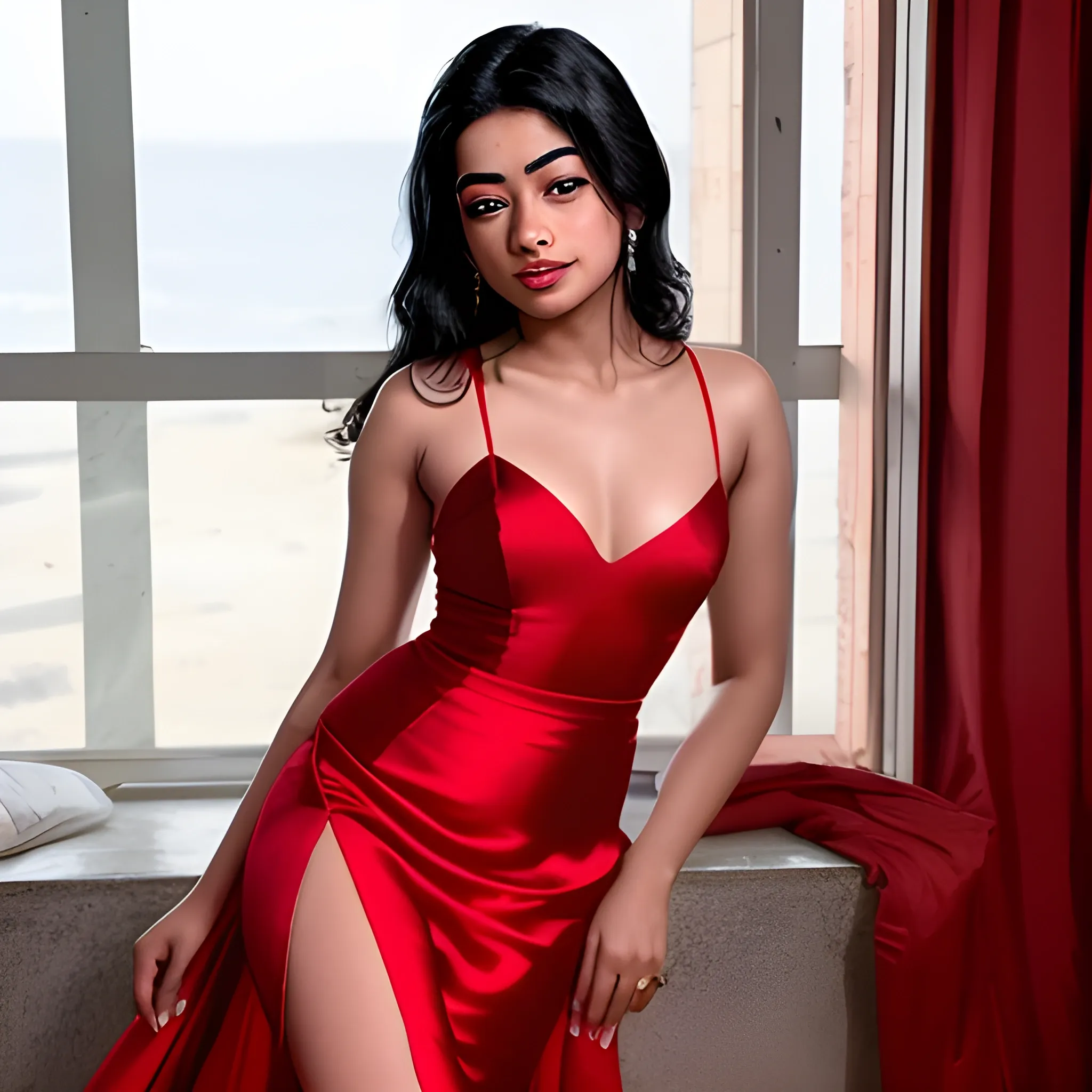 Rashmika Mandanna dressed in a Red Satin slip dress posing to camera